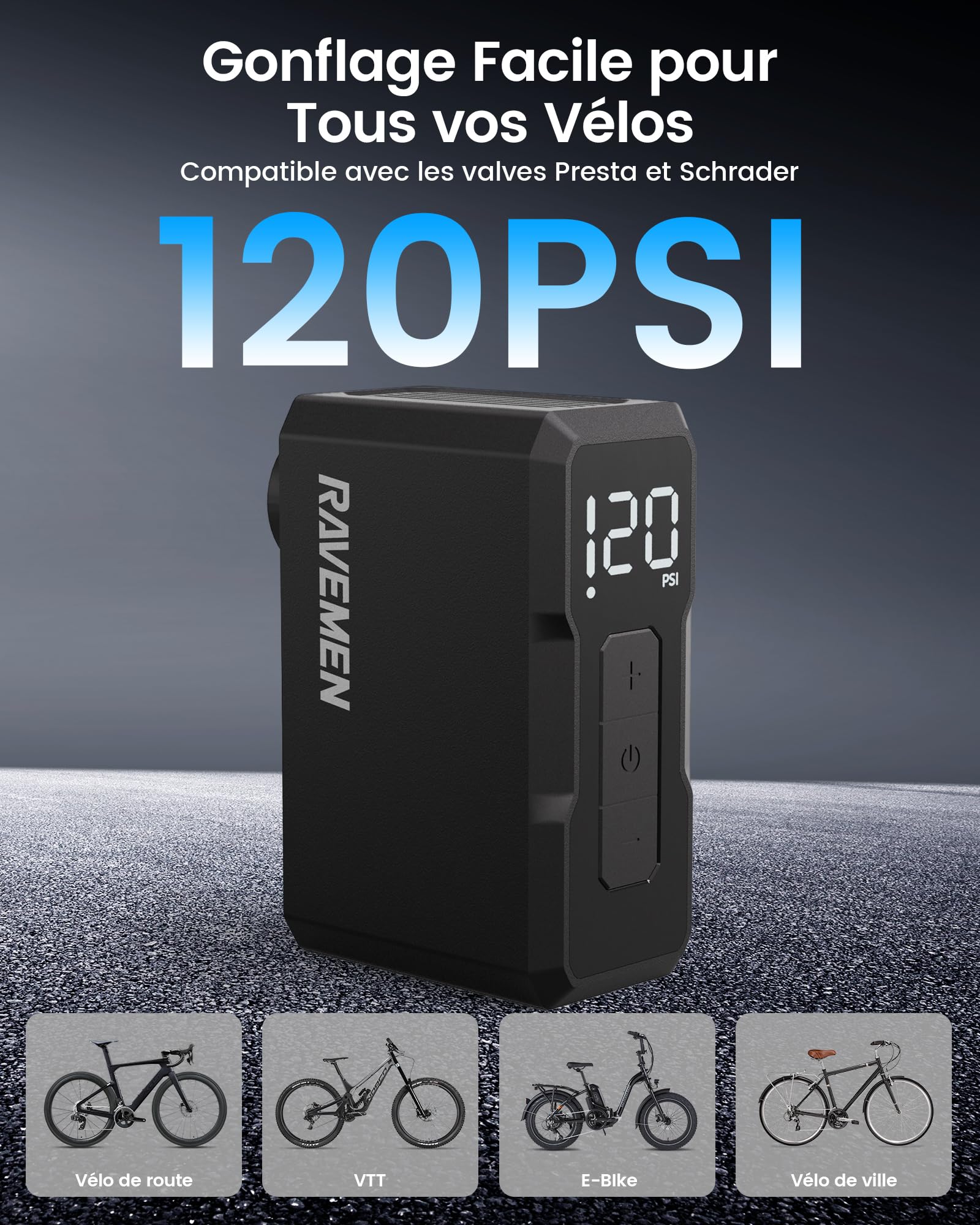 RAVEMEN EP01 Mini Pompe à Vélo électrique, Pression Max 120 PSI Pompe à Pneus de Vélo électrique Portable, avec indicateur de Pression et arrêt Automatique Compatible avec Presta & Schrader valves
