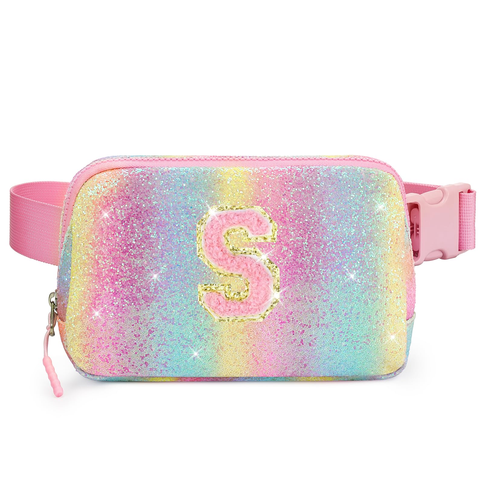 cotmcor Birthday Gifts for 5 6 7 8 9 10 11 12 Year Old Girl Teens Kids, Glitter Initial Fanny Pack for Girls, Personalized Belt Crossbody Bag,