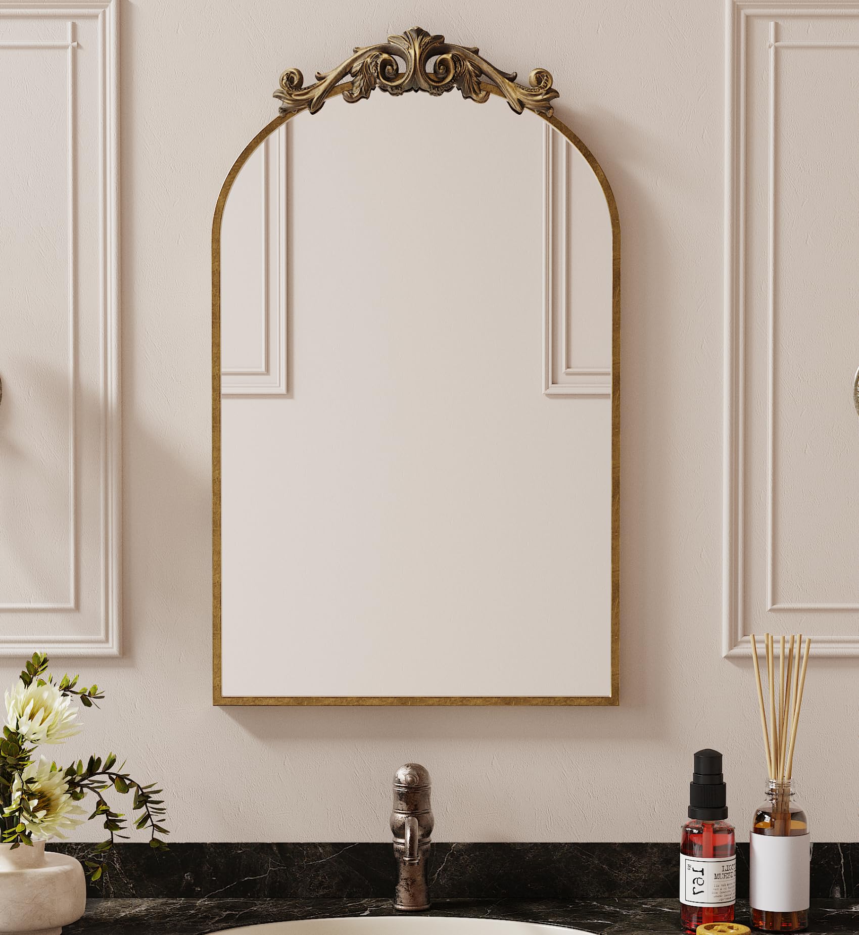 Antique Bronze Mirror, Gold Vintage Bathroom Mirror, Arched Vanity Mirror for Wall Mounted or Leaning, 20x34 Inch