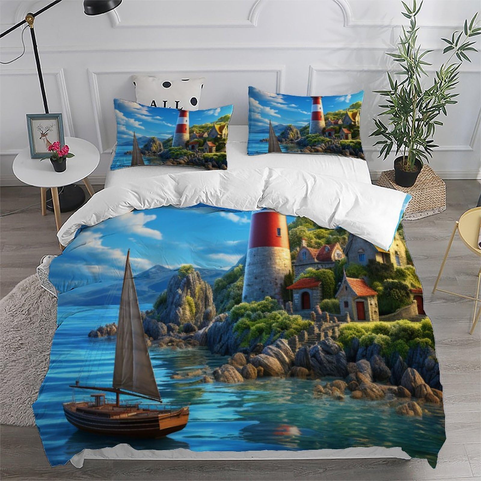 Faro della spiaggiade Ropa De Cama 3D Niños 3 Piezas Microfibra 2 Funda De Almohada CremalleraSuper King（260x220cm）