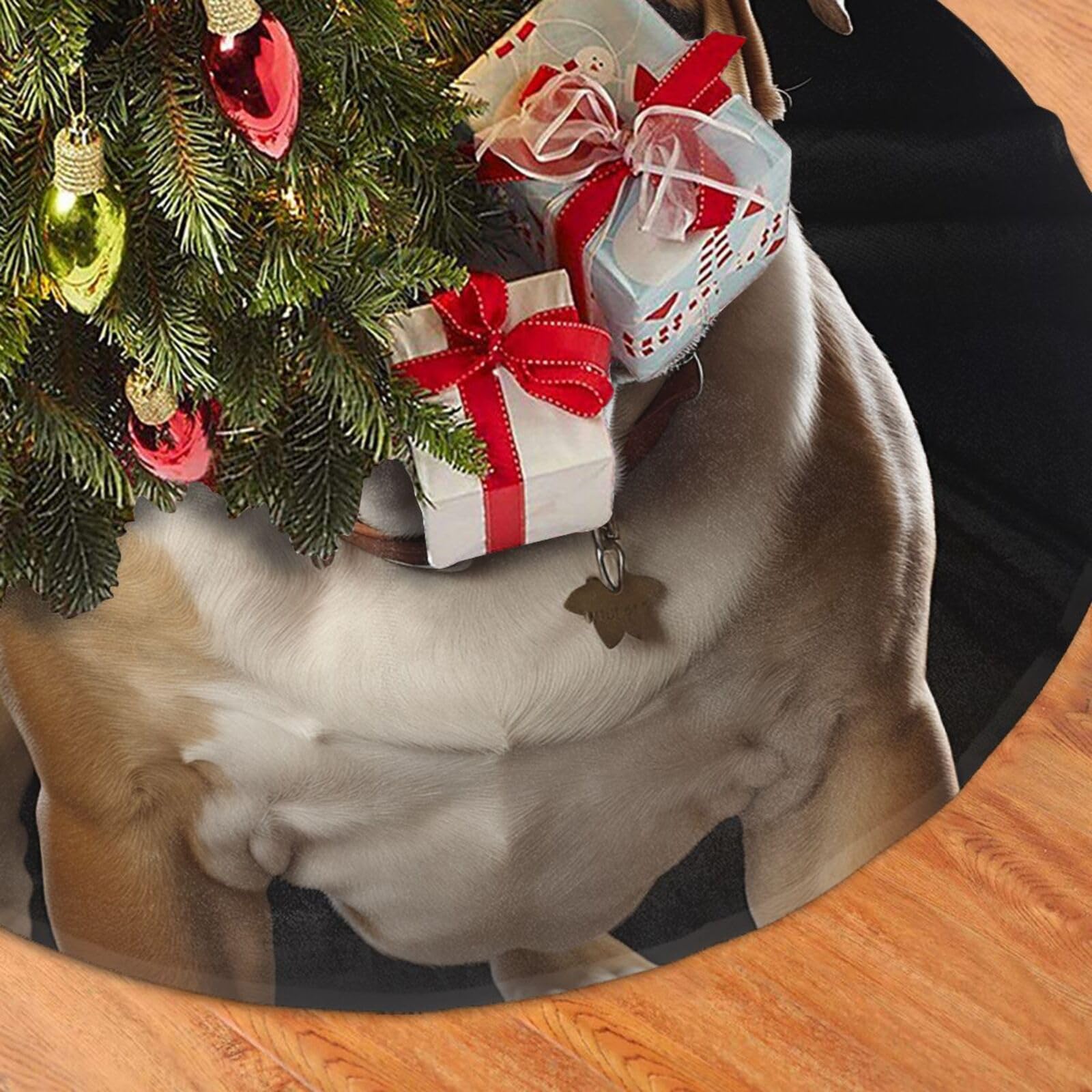 Fodpand Black English-Bulldog Christmas Tree Skirt 48" Velvet Xmas Tree Skirt Mat Rustic Christmas Tree Mat Cover Winter Xmas Tree Collar For Indoor Outdoor Christmas Decorations