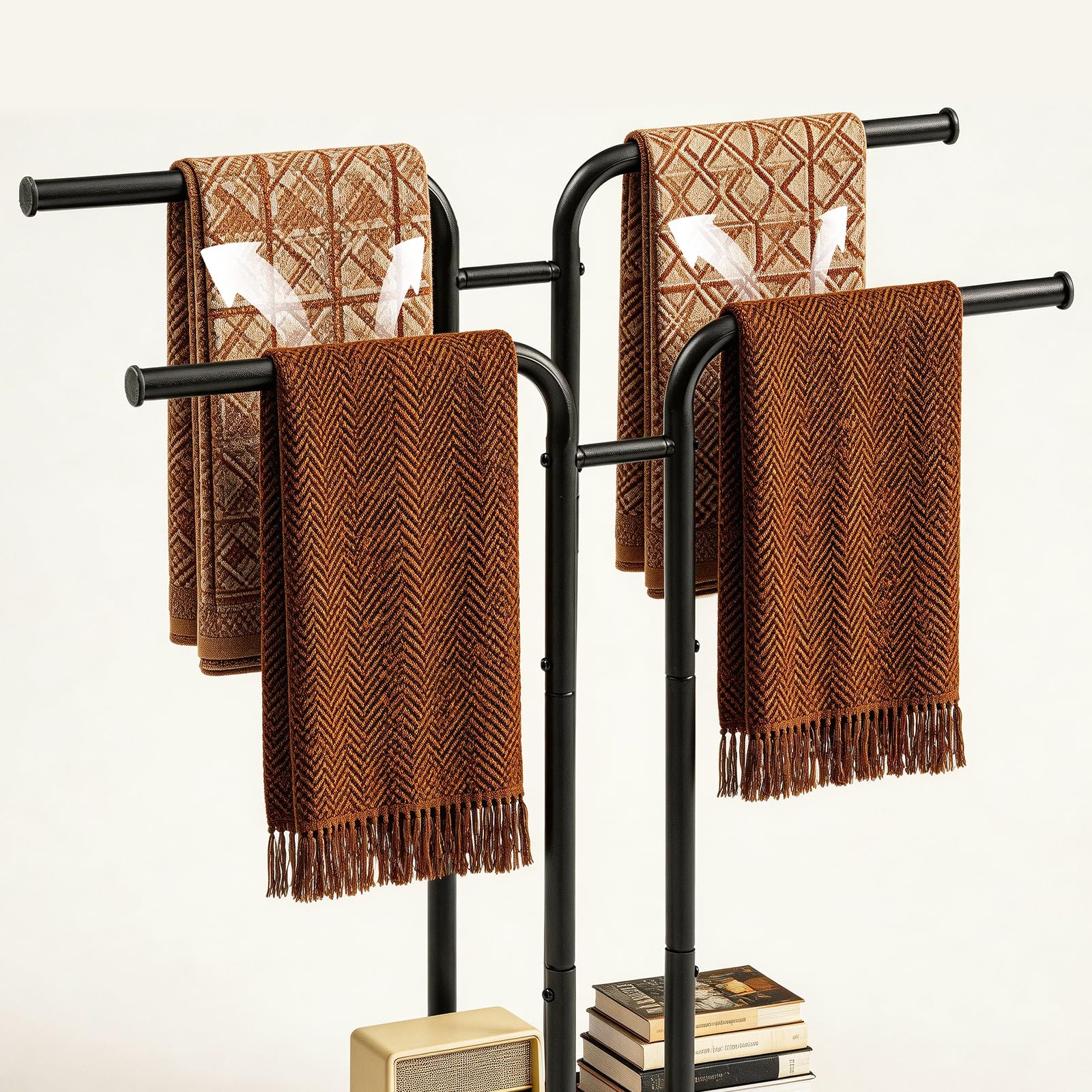 HOOBRO Porte-Serviettes sur Pied en T, Support de Serviettes Vertical avec 2 Barres de Suspension, pour Salle de Bain, Buanderie, Chambre, Marron Rustique et Noir EBF14LB01