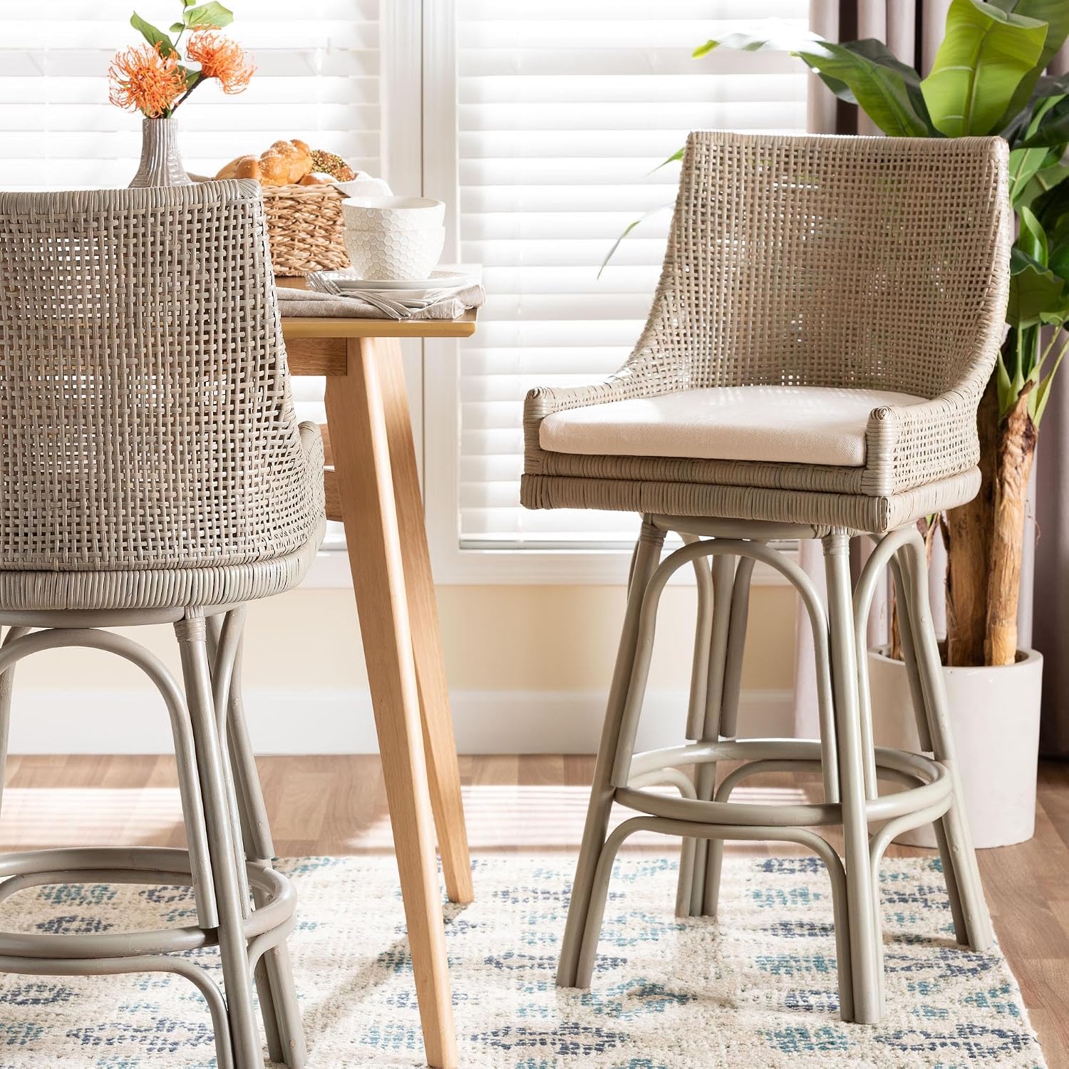 bali & pari Bella Swivel Rattan Bar Stool with Cushion - Handwoven Wicker Bar Chair with Backrest and Footrest, French Grey