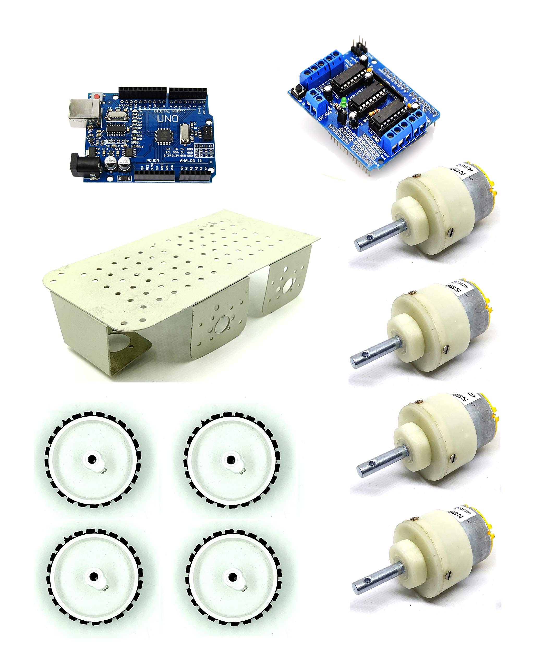 INVENTO Metal Chassis 4 Wheel 200x105x50mm + 100 RPM DC Motor + 70x20mm Wheel + Arduino UNO R3 + L293D Shield Smart Car DIY Kit