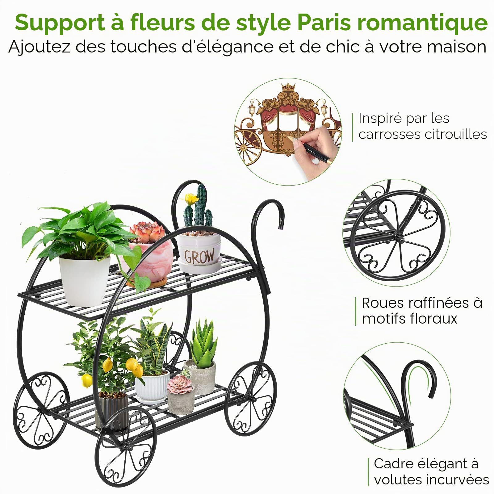 KOMFOTTEU Étagère Fleurs, 2 Niveaux, Métal, Charge 20KG, 67 x 34 x 60 cm
