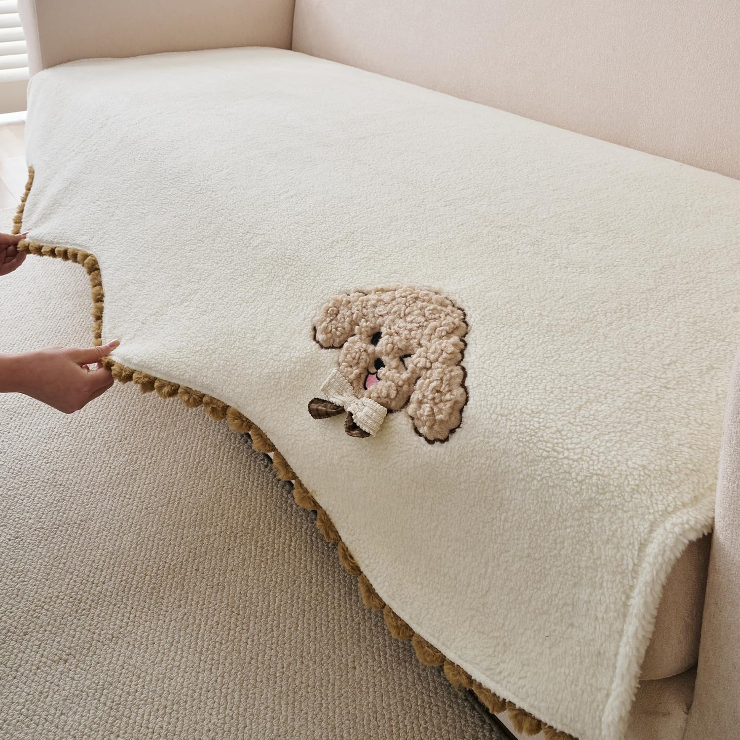 HOKIPO Sofa Cover Mat with Pompom for 1/2/3 Seater & L Shape Sofa | Anti-Slip DIY Plush Sofa Cover Set | 'CloudHug Comfort Series' | 90(W) x 180(L) cm | Ivory Cream (NEW-AR-6612-WHT)-image-35