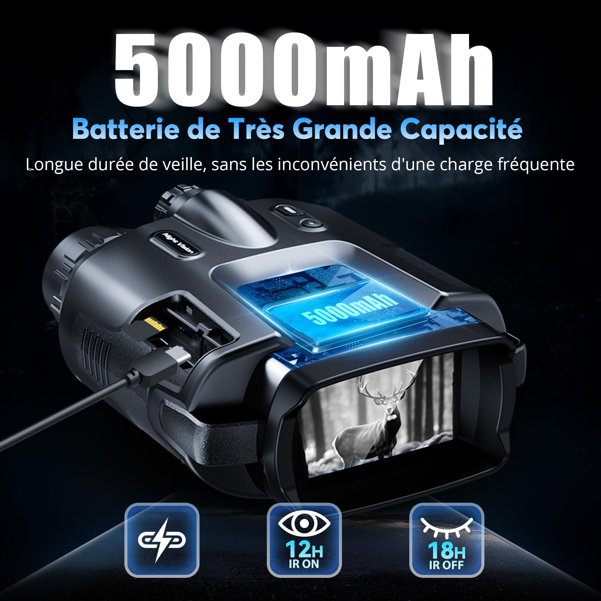 Jumelles Vision Nocturne,4K Vision Nocturne Infrarouge de 600M et 5000mAh Rechargeable, 8X Zoom Numérique, Lunette Vision Nocturne de pour Chasse Camping Exploration avec Carte TF 32G
