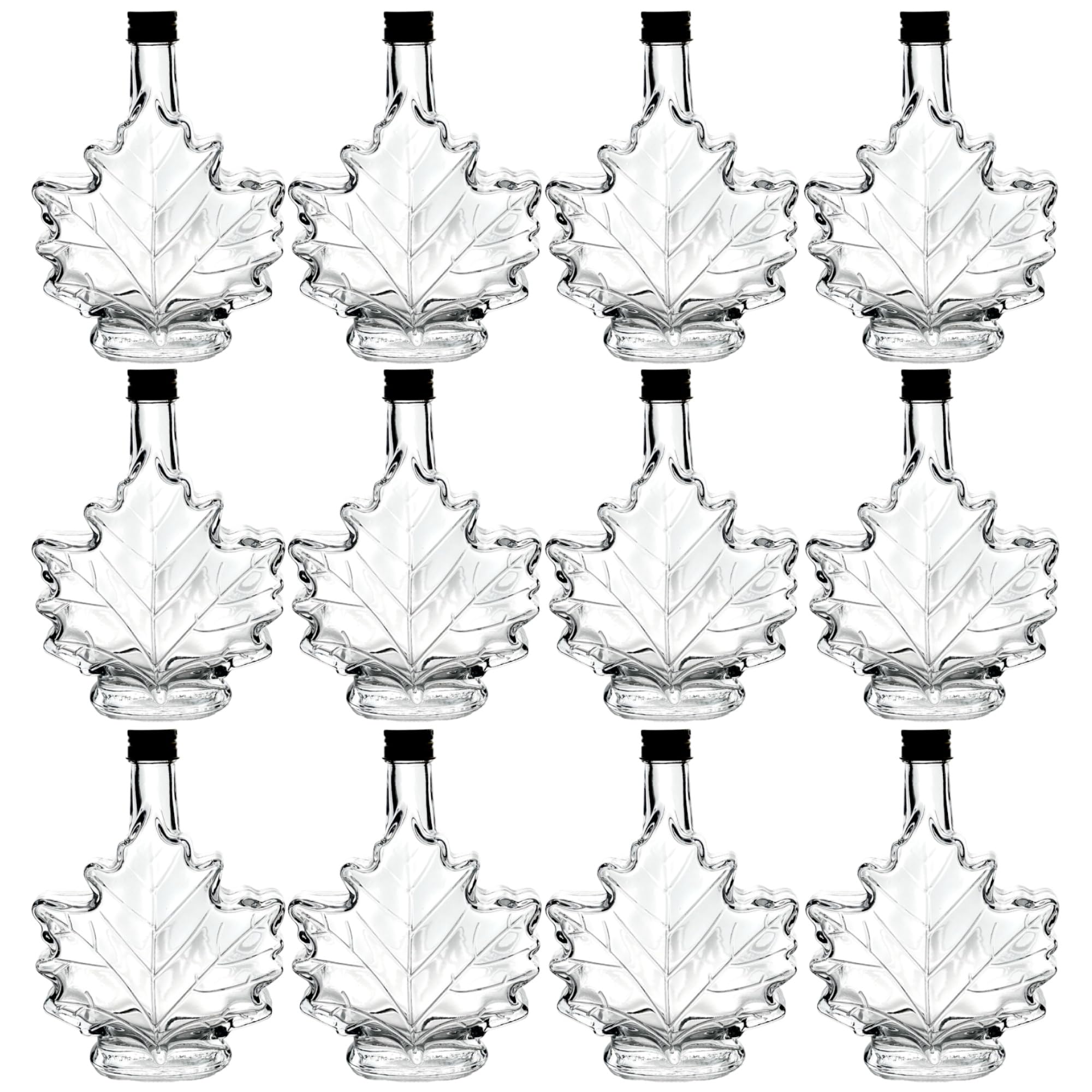 North Mountain Supply Maple Leaf Glass Syrup Bottle – 8.5 fl oz (250 ml) – Black Metal Lid – Case of 12 – Ideal for Maple Syrup, Honey, or Homemade