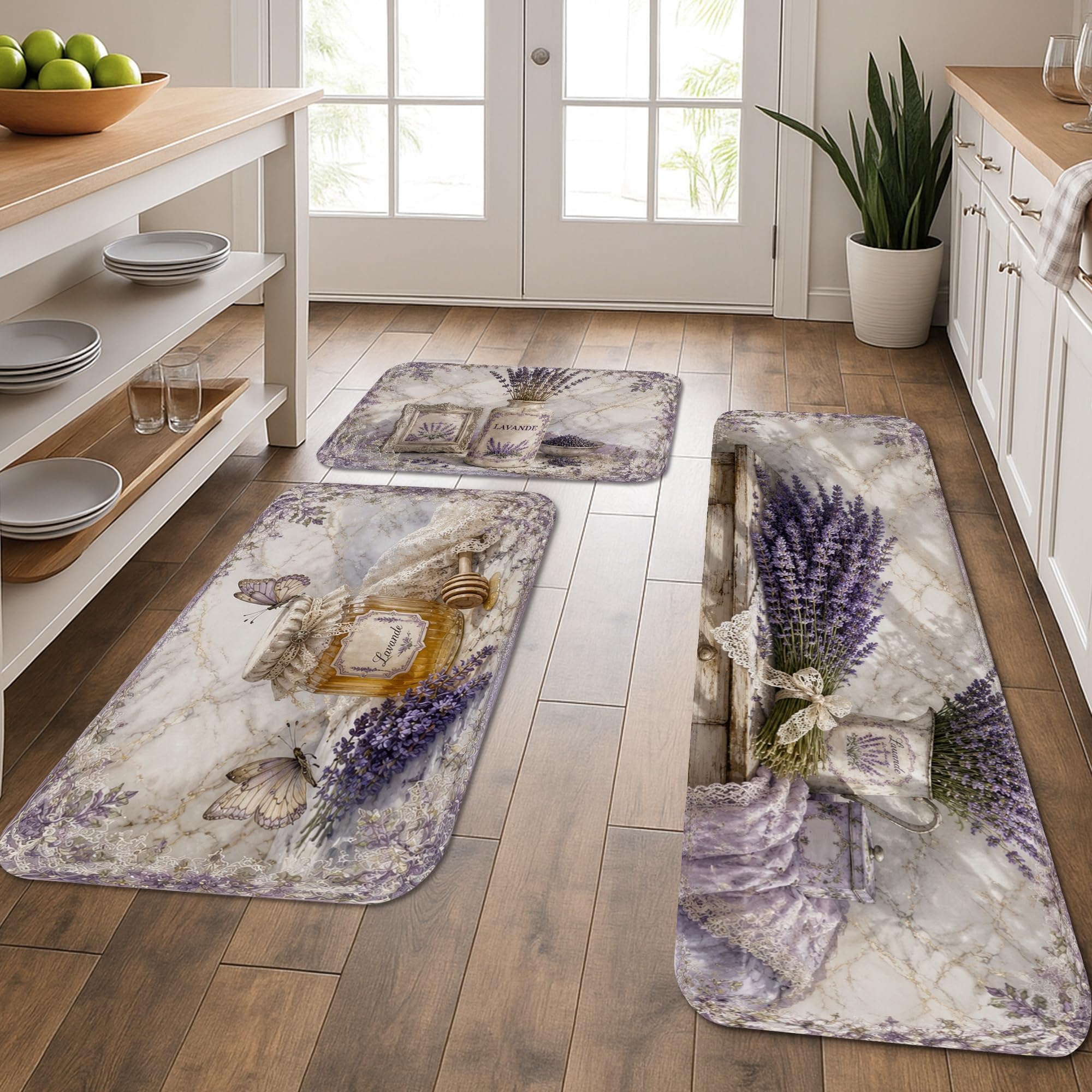 Tapis de cuisine confort lavande lot de 3 | Rembourrés et lavables pour sol