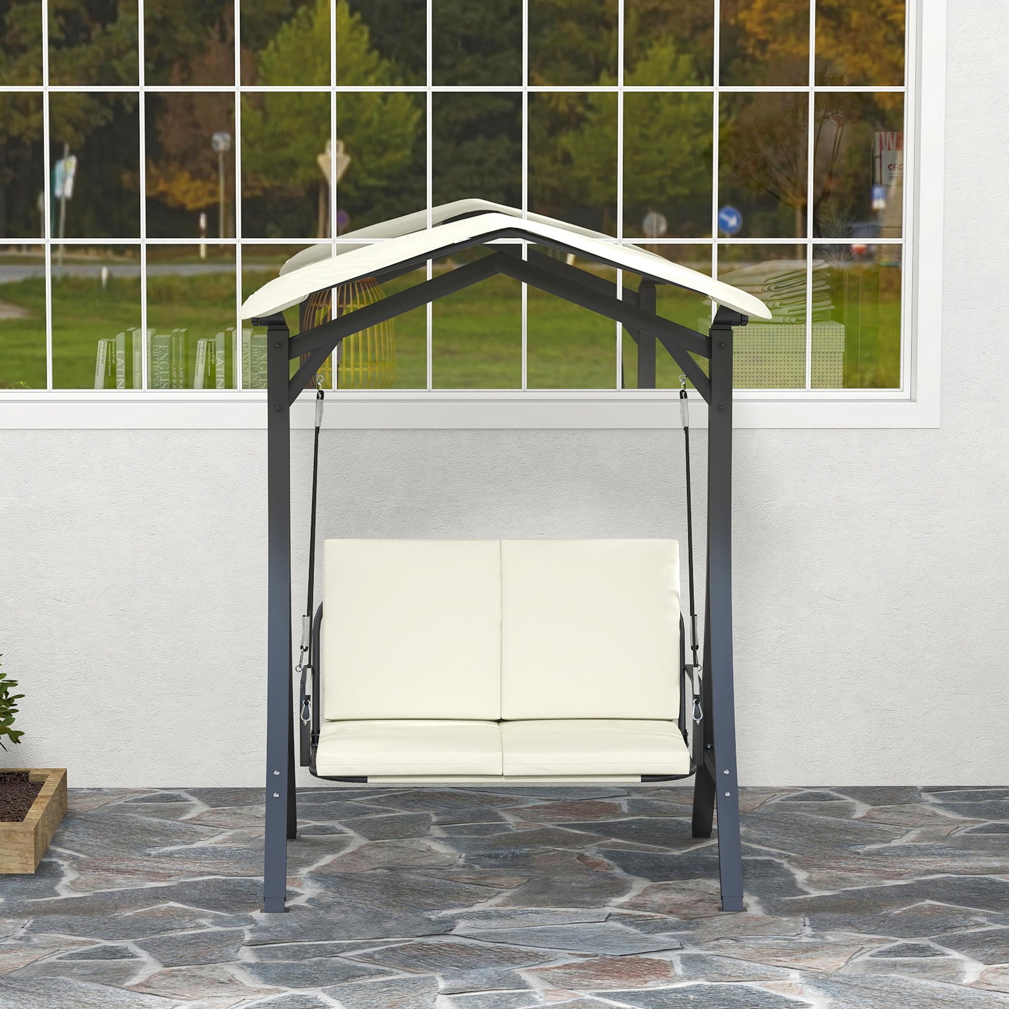 Outsunny Hollywoodschaukel mit verstellbarem Sonnendach Sitzauflage, 2-Sitzer Gartenschaukel belastbar bis 220kg, UV 30+ Schaukelbank für Garten, Terrasse, 150x120x182cm, Cremeweiß
