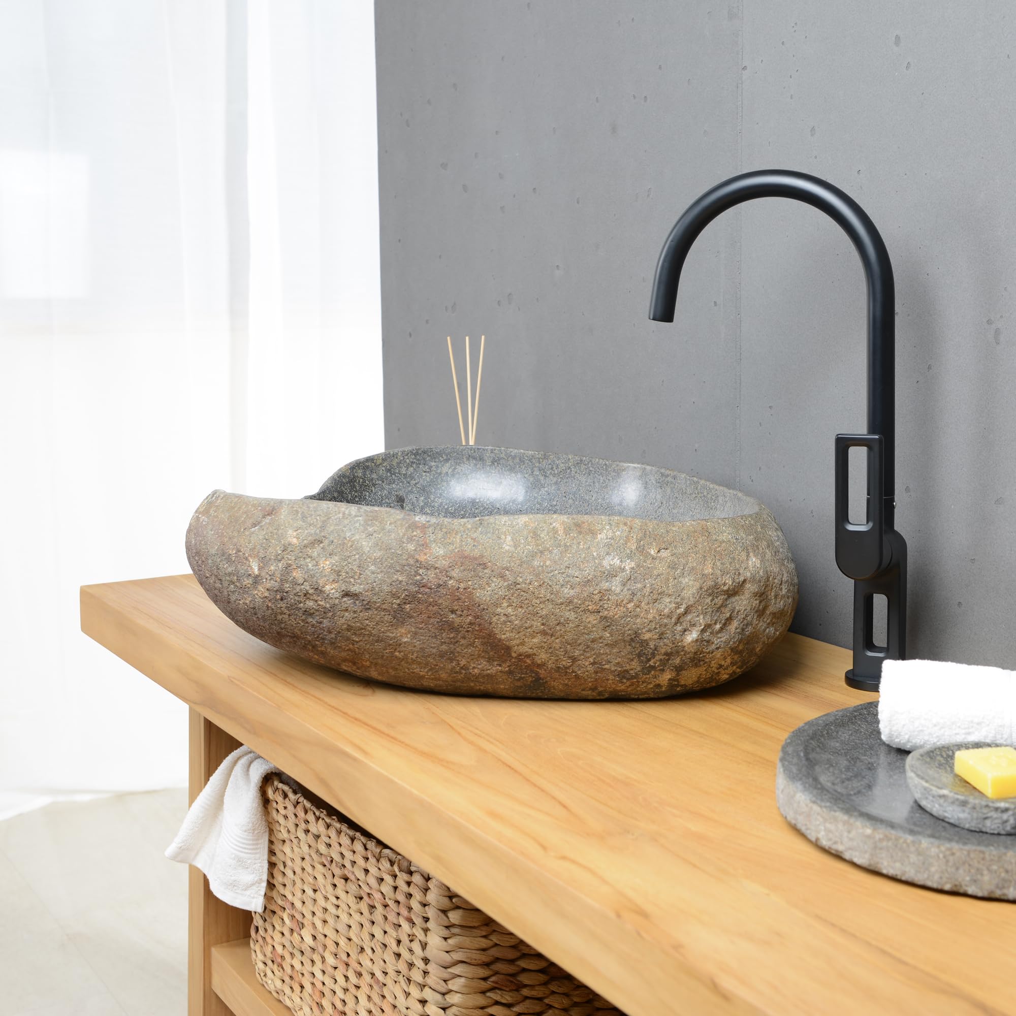 Stein Waschbecken Aufsatzwaschbecken aus Naturstein 60 cm Granitwaschbecken Flussstein Wohnfreuden