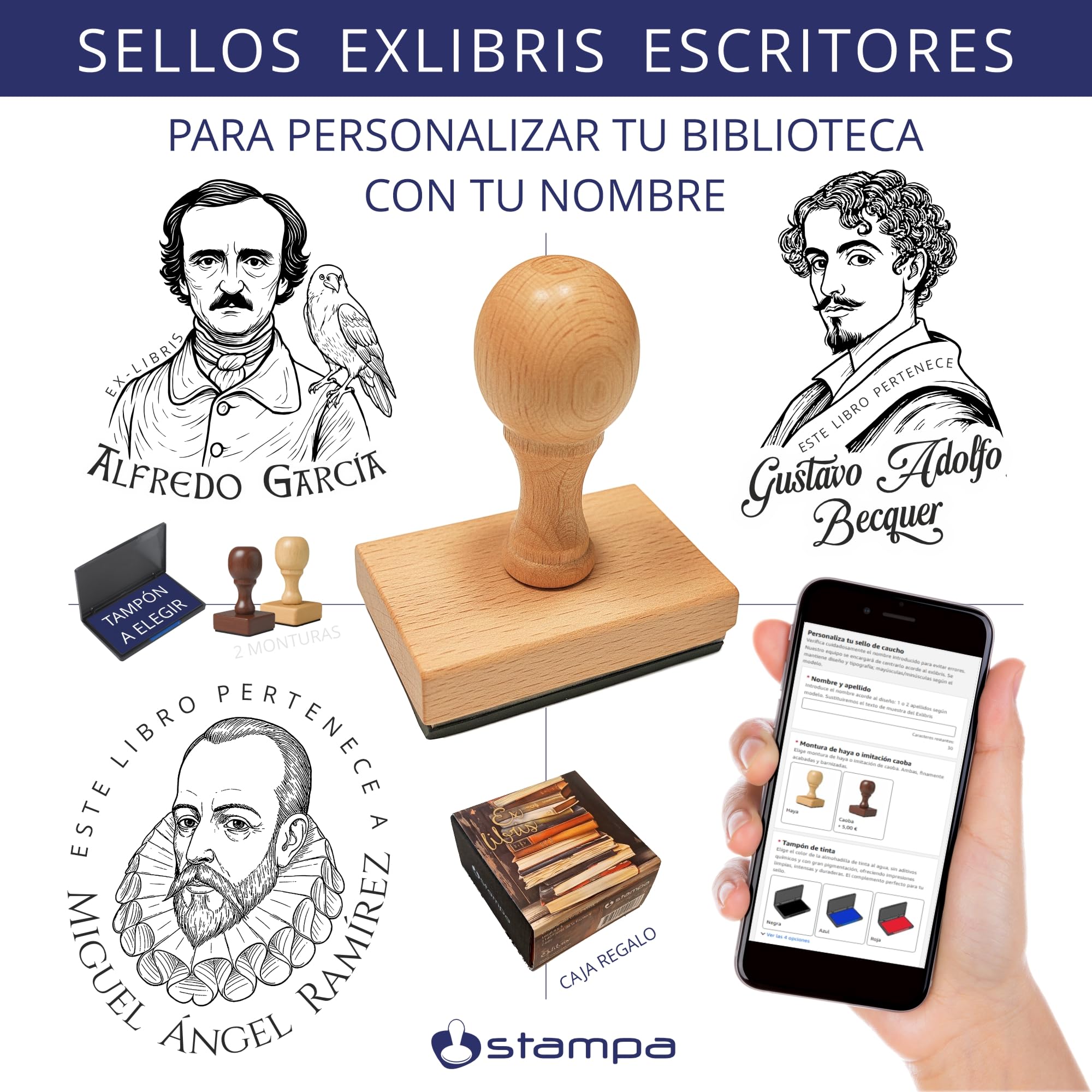 EXLIBRIS PERSONALIZADO para Libros – Sello Exlibris con Nombre “Este libro pertenece a” – Sello Biblioteca – Temática Escritores: Cervantes, Bécquer, Edgar Allan Poe – Literatura Clásica – STAMPA