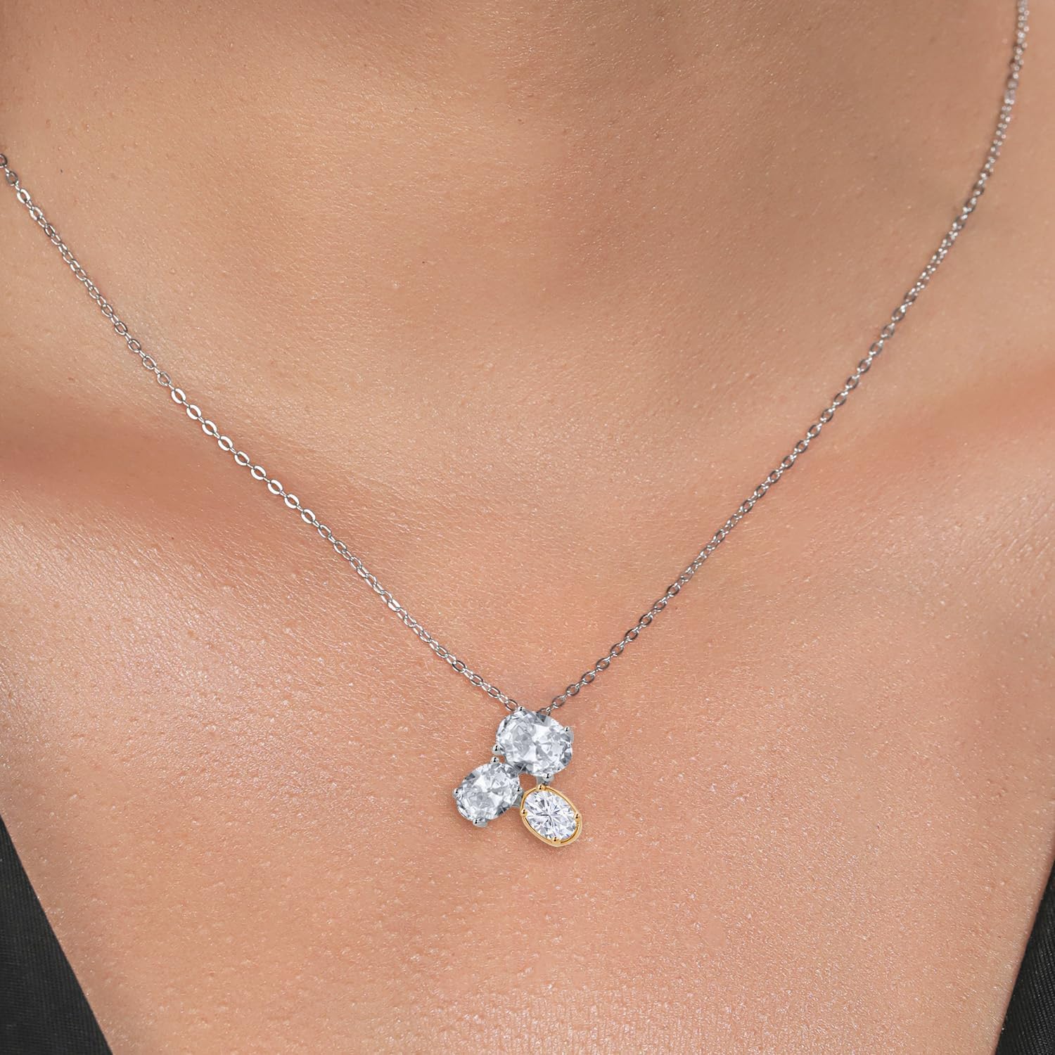 Gem Stone King 925 Silver and 10K Yellow Gold White Topaz and White Moissanite Pendant Necklace For Women (3.00 Cttw, Oval 8X6MM, 7X5MM and 6X4MM, Gemstone November Birthstone, with 18 Inch Chain) - Image 3