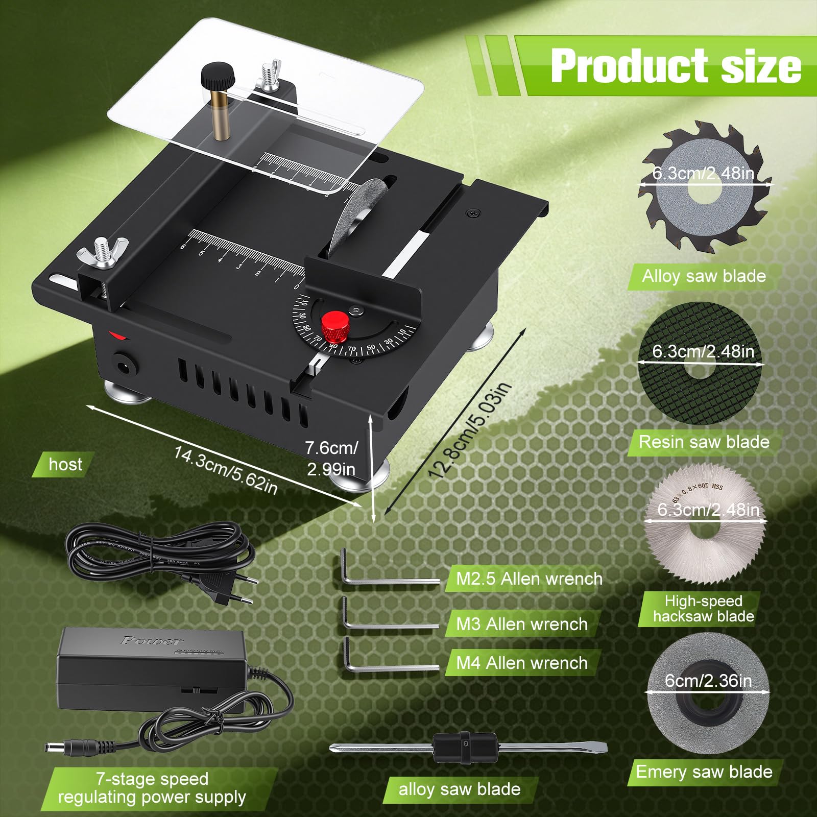 Kleine Tischkreissäge mit 4 Sägeblättern, 100W Präzisions Table Saw Sägeblatt Sägeblattwinkel einstellbar 0-90°, Multifunktionale Tischsäge für DIY Holzbearbeitungsprojekte, 7 Geschwindigkeitsstufen