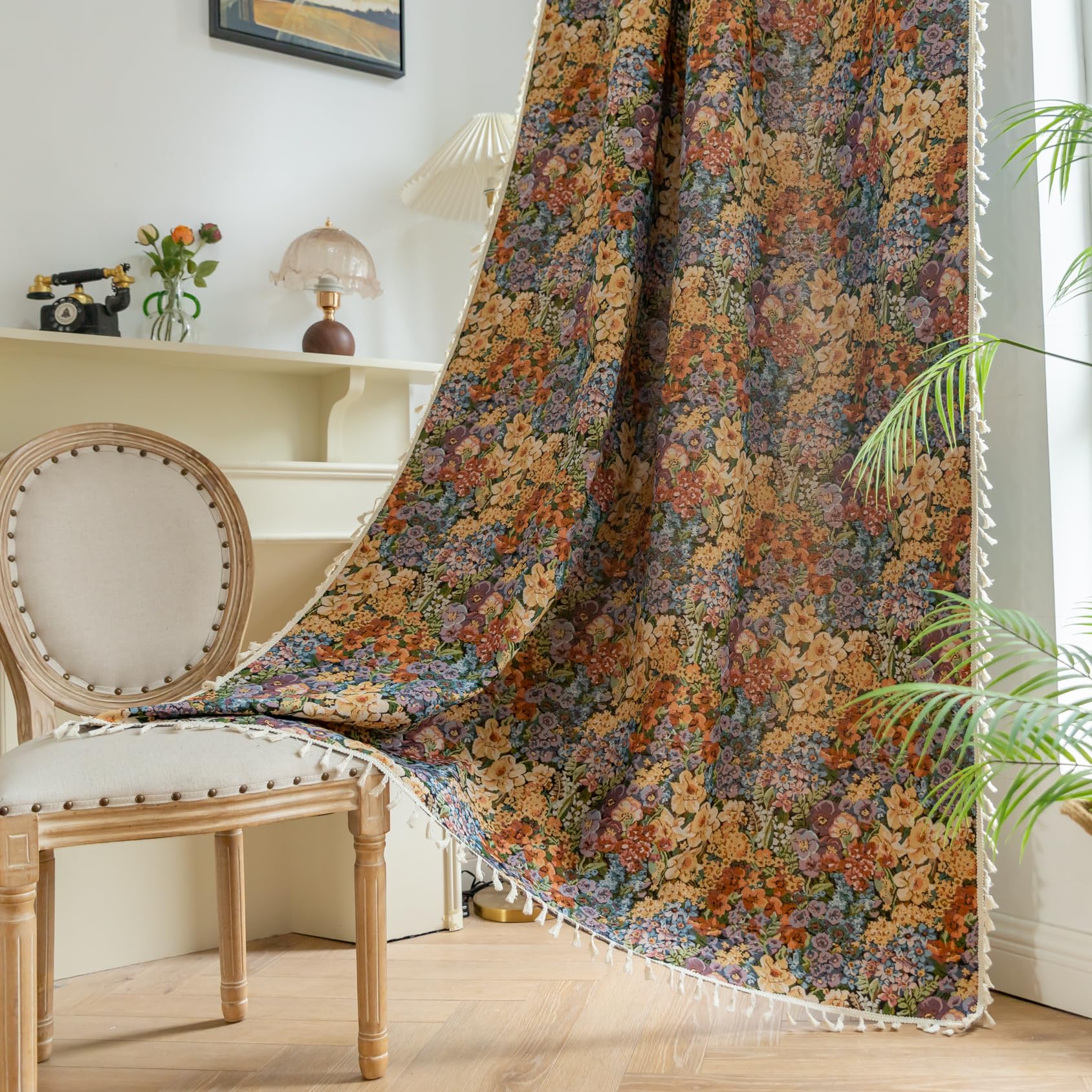 USTIDE Blooming Flower Print Vintage Style Room Darkening Rod Pocket Curtain Drapes for Living Room Bedroom Dining Room, 52 by 71 Inch, Yellow