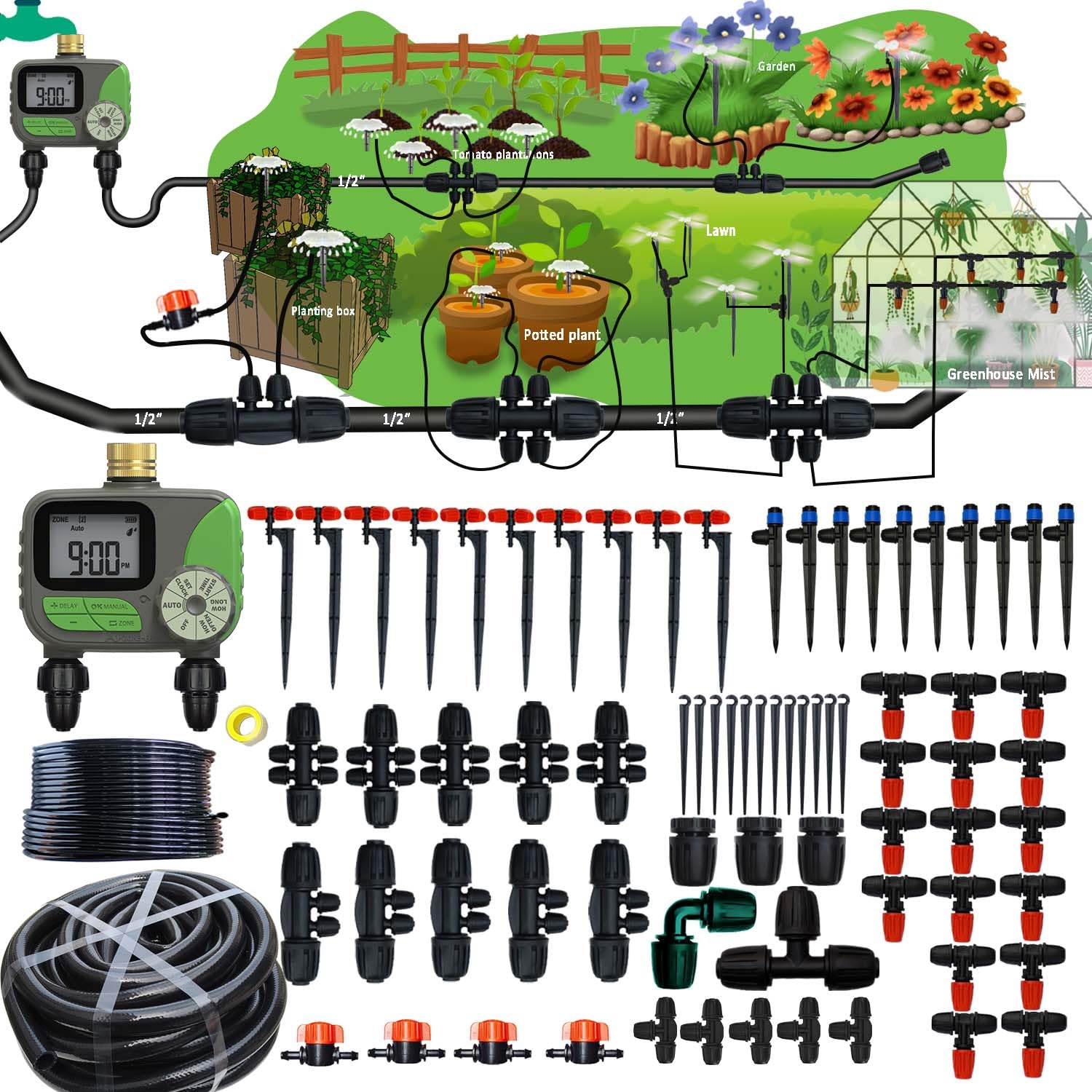 Sistema di irrigazione a goccia per giardino con timer dell'acqua, ID principale 1/2" 32Ft e 1/4" 131Ft tubo dell'acqua, doppio sistema di irrigazione sufficiente pressione dell'acqua, gocciolatore di