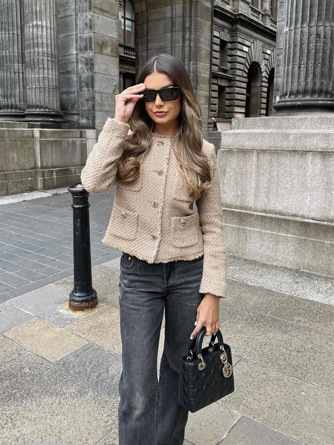 Generico Giacca Da Donna in Tweed Corta Elegante Casual E Business A Maniche Lunghe Con Bottoni Giacca Leggera Da Ufficio Da Lavoro Con Scollo Rotondo