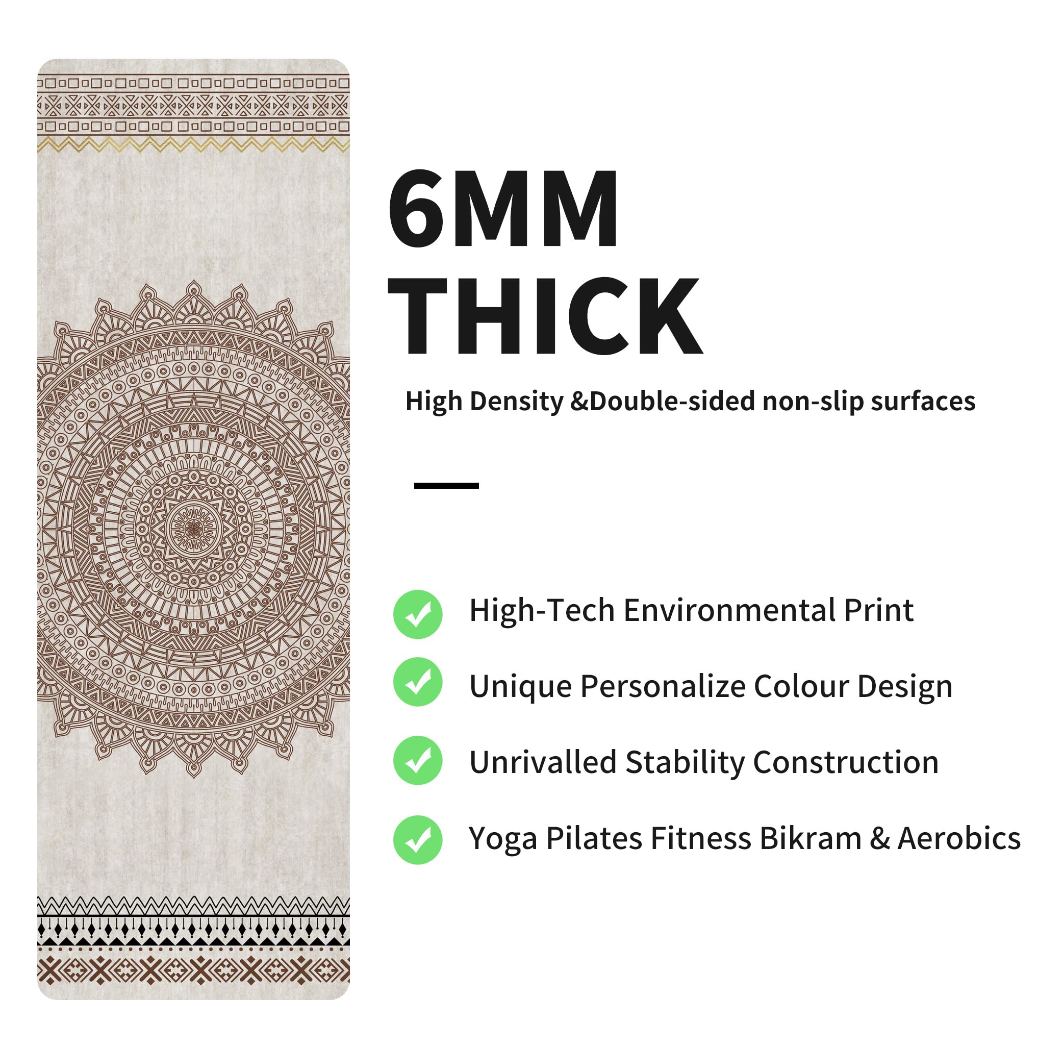 nuveti Yogamatte, bedruckt, extra dick, TPE, rutschfest, mit Tragetasche, 183 x 61 cm, extra dick, 6 mm, für Yoga, Pilates, Fitness und Bodenübungen