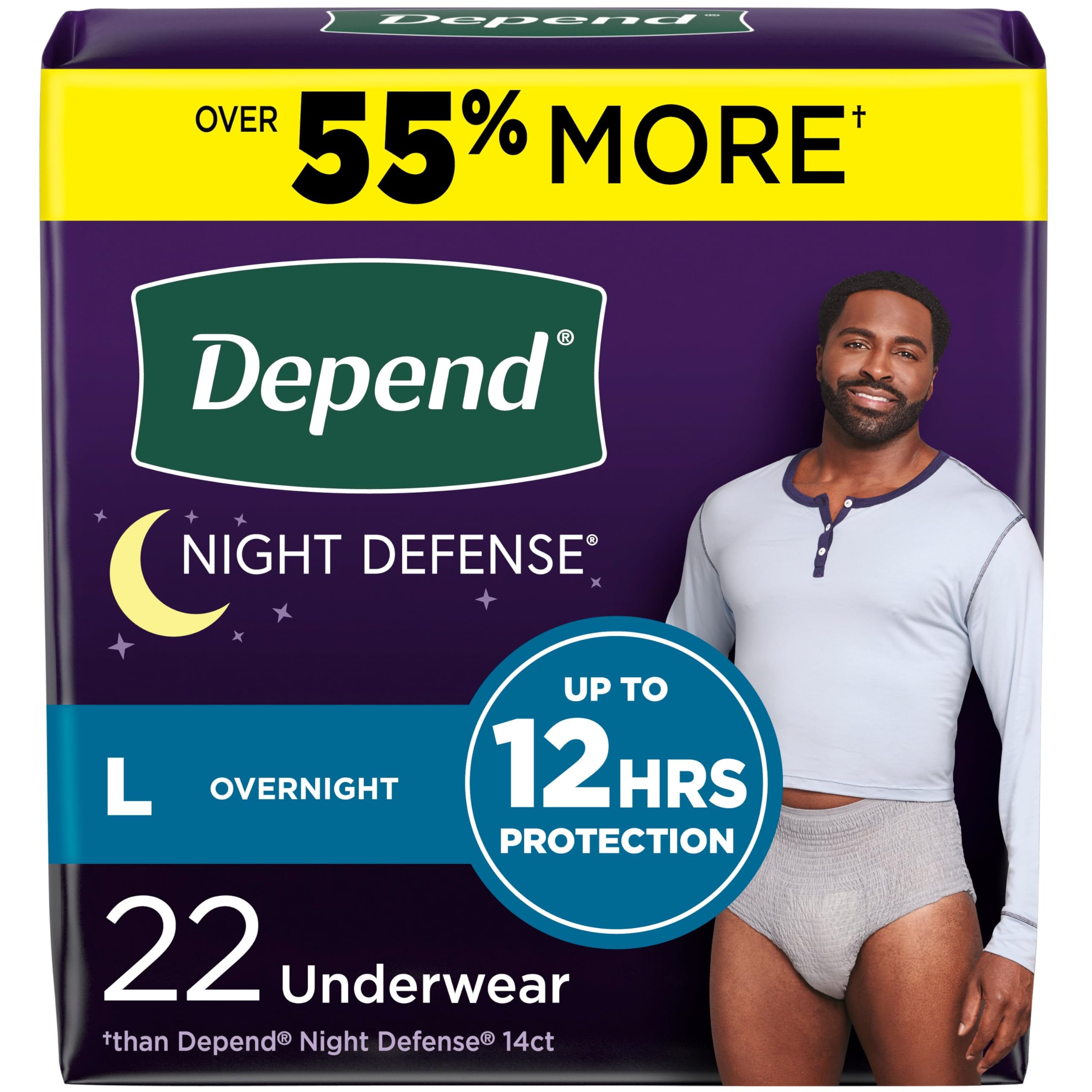 Depend Night Defense Adult Diapers, Incontinence Underwear for Men, Disposable, Overnight, Large, Grey, 22 Count, Packaging May Vary