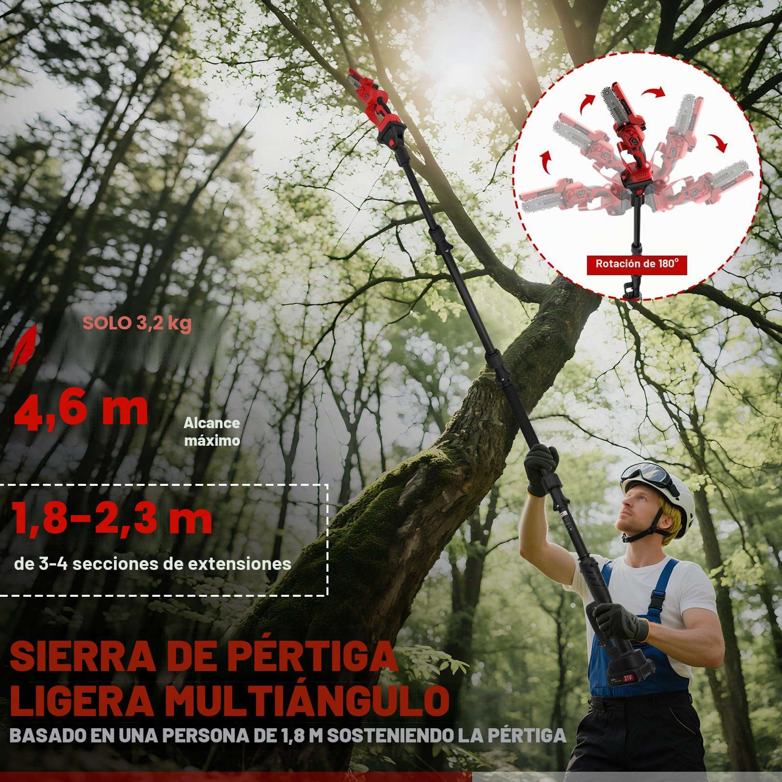 WingFly Mini Motosierra de Pértiga, Motosierra Telescópica de 6 Pulgadas | Baterías de 4000mAh, Sistema de Lubricación, Hasta 4,5 m de longitud de trabajo para jardín