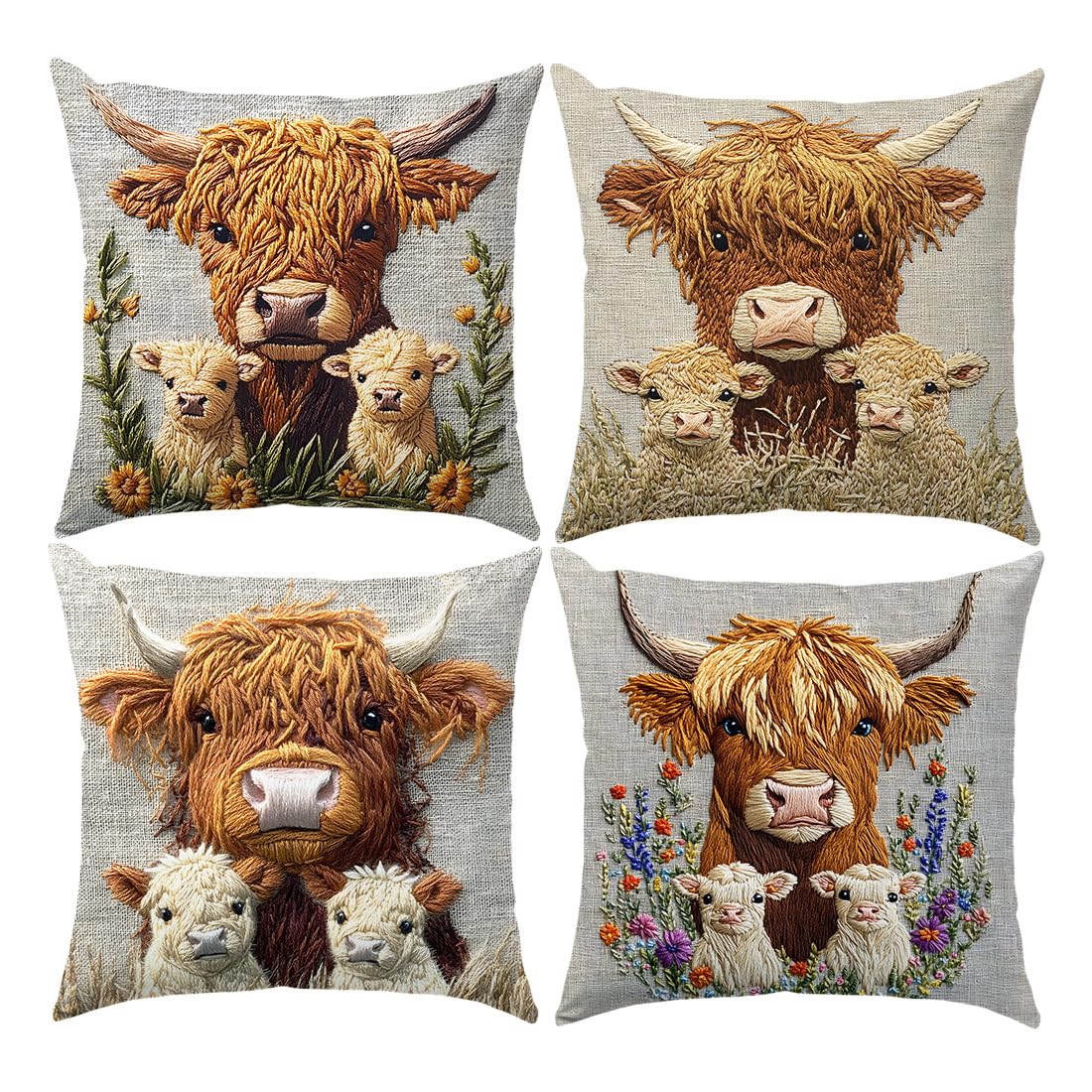 LANBEIDE Embroidery Highland Cow Cushion Cover 45x45cm Set of 4, Scottish Present Highland Cow Mom & Calf Pillow Cover Outdoor Throw Pillow Case Home Farmhouse Couch Sofa Decor 18"x18" โ image 1