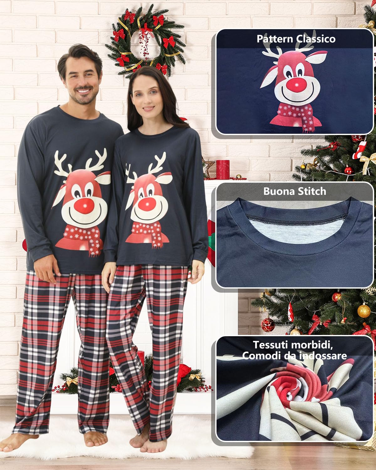 Pigiami Natalizi per Tutta la Famiglia, Pigiama Natale Famiglia con Simpatico Renna, Pigiama Natalizio Coordinati Due Pezzi, Pigiami di Natale per Coppia Donna Uomo Bambina Bambino ragazza ragazzo