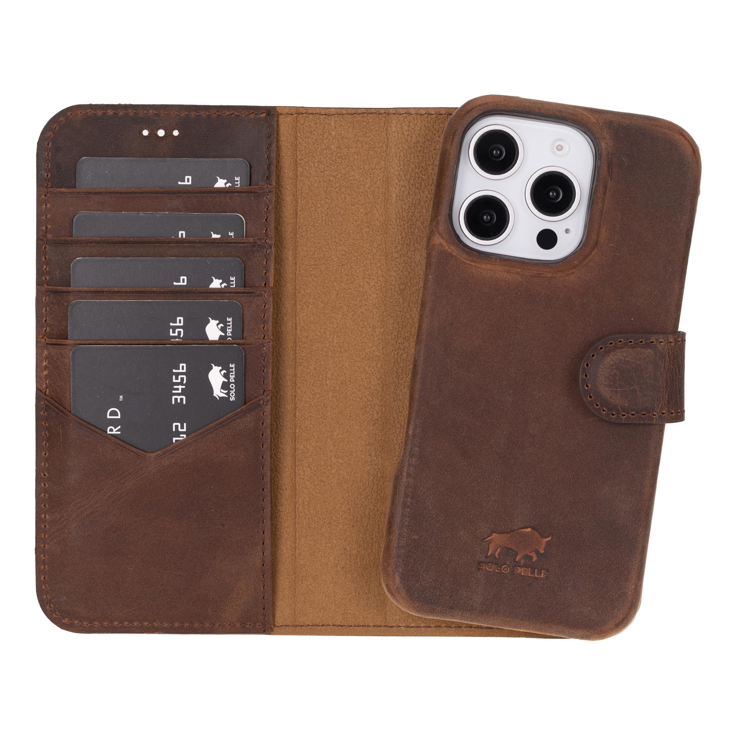 Solo Pelle Lederhülle kompatibel für iPhone 16 Pro in 6.3 Zoll abnehmbare Hülle (2in1) inkl. Kartenfächer geeignet für MagSafe Zubehör (Vintage Braun)