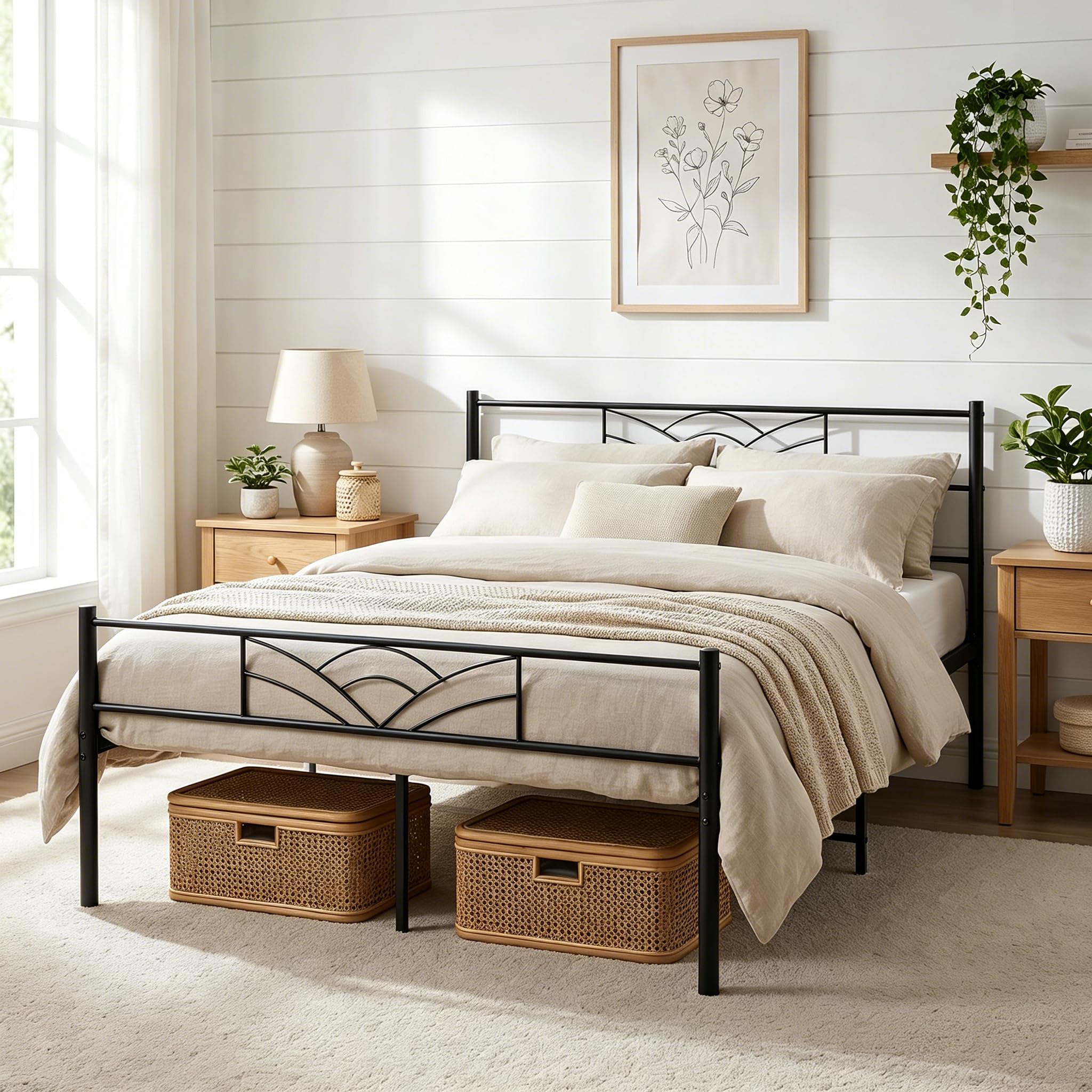 Panana Strong Metal Bed Frame,4F6 Heavy Duty Solid Double Bedstead Base with Headboard & Footboard,Easy Assembly Bed Frame for Adults, Guest Room (ModelB -Black, 4ft6 double)