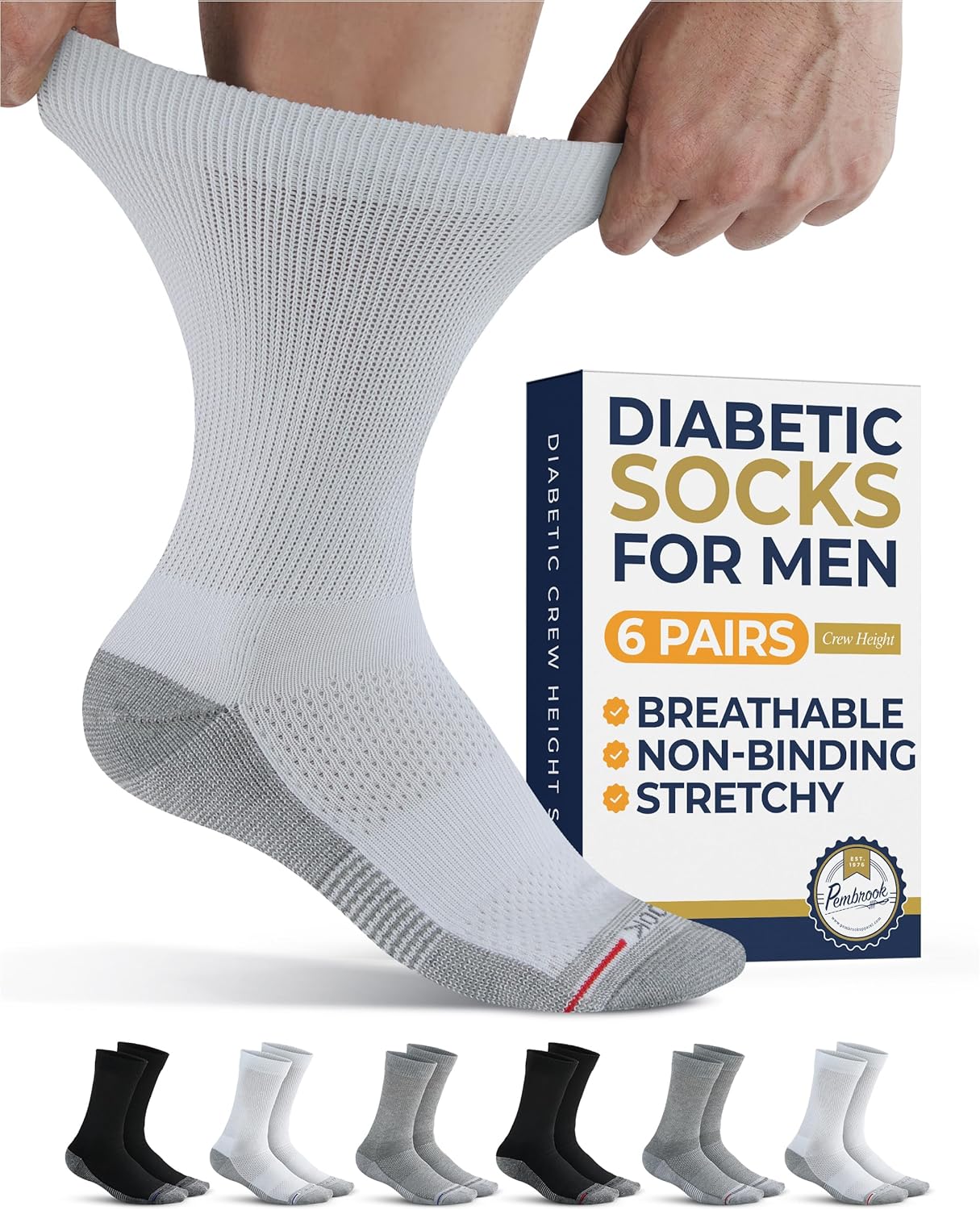 Pembrook Diabetic Socks for Men - 6 Pairs Crew Diabetic Neuropathy Socks for Men | Non Binding