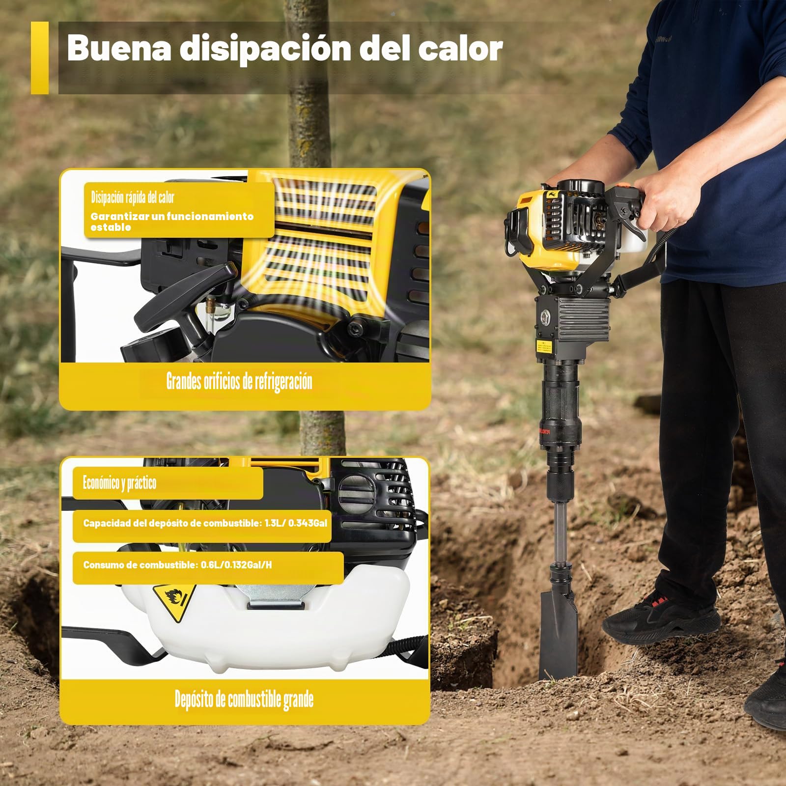 1250W Excavador de árbol de Navidad de gasolina de mano con pala #7 (amarillo)