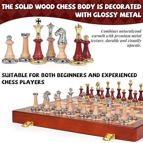 Miniatura 5 de Juego de ajedrez de madera de 17 pulgadas con piezas de ajedrez de metal y madera, juego de mesa de ajedrez de lujo con 2 reinas adicionales, juego