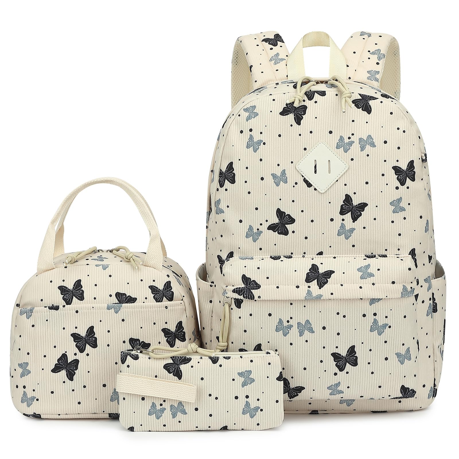 Corduroy School Backpacks for Girls, kids 3in1 Bookbag Set School Bags with Lunch Box and Pencil Bag Laptop Backpack for Women (Butterfly)