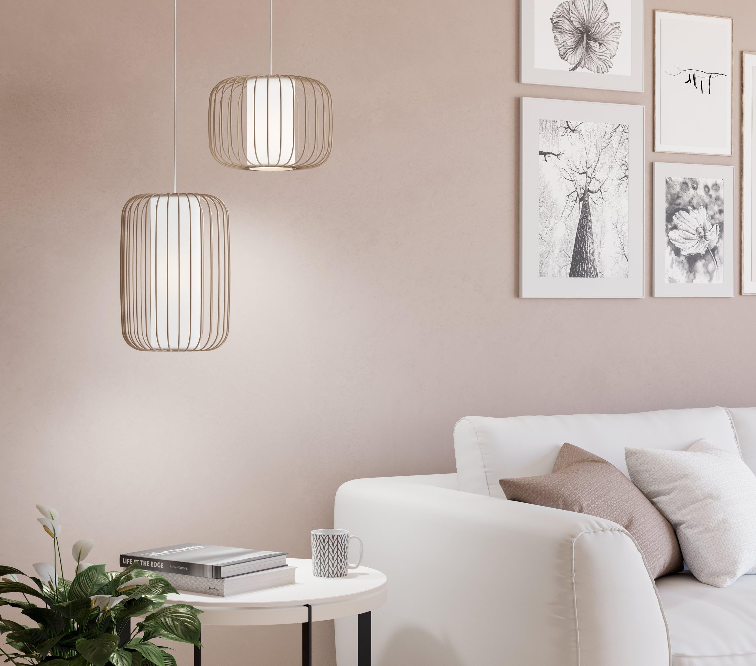 Eglo Terrarosa - Lampadario a 1 luce per il tavolo da pranzo, lampadario per sala da pranzo in metallo color sabbia e tessuto bianco, lampadario con attacco E27, diametro 24 cm