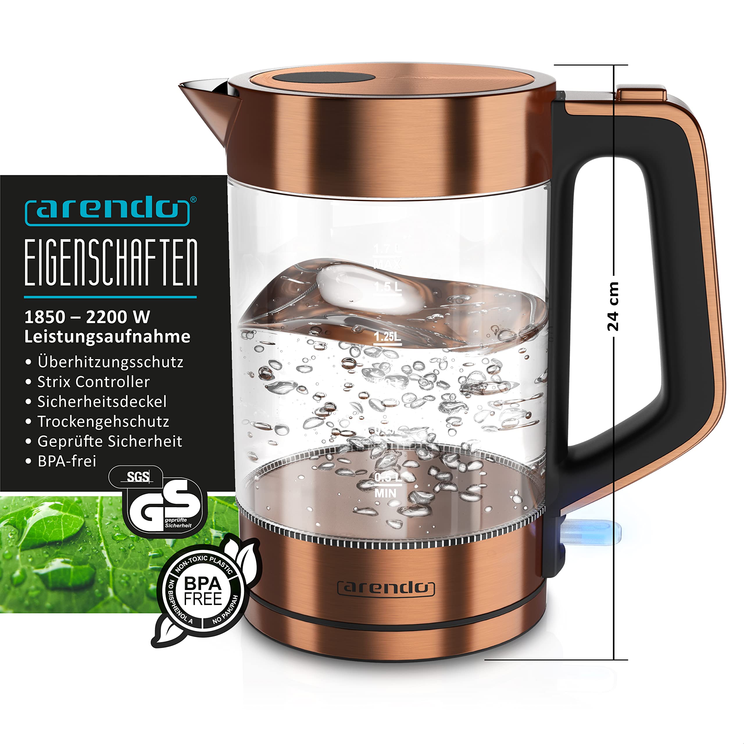 Arendo Wasserkocher Toaster SET Edelstahl Kupfer 1,7L 2200W 2 Scheiben 1000W