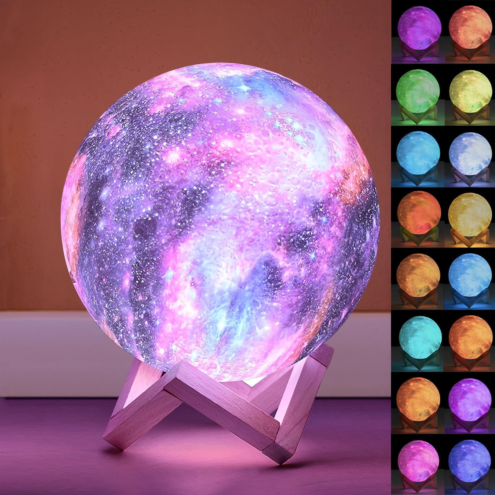 Lámpara de luna, luz nocturna LED de luna de 16 colores con soporte, control remoto y táctil, lámpara de galaxia para adolescentes, niñas, niños, luz de luna decorativa recargable por USB, para niños