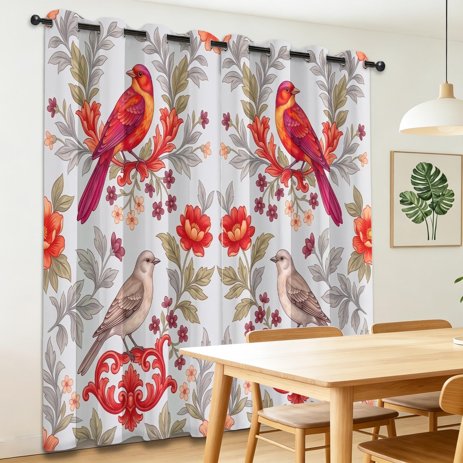 Zasłony zaciemniające szer. 117 cm x dł. 183 cm do sypialni, salonu, wzór ptaków, styl vintage, kwitnący las, zasłony z przelotkami, izolacja termiczna, redukcja hałasu, zasłony okienne, 2 panele