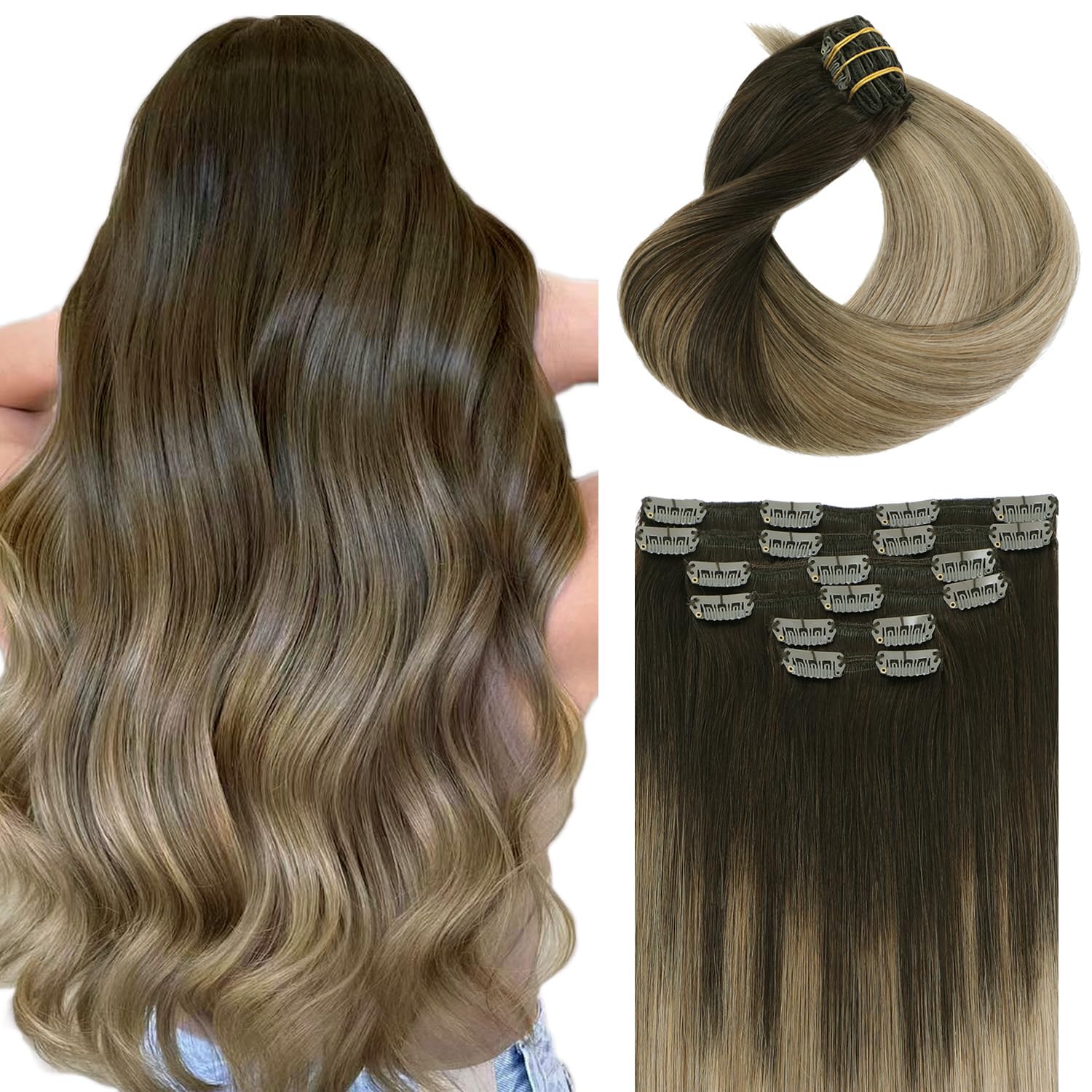 SAFIRENY Clip-in Hair Extensions Real Human Hair 6pcs 120g 20 Inch Balayage Dark Brown to Dirty Blonde Double Drawn Clip-in Hair Extensions (#2/6/18,