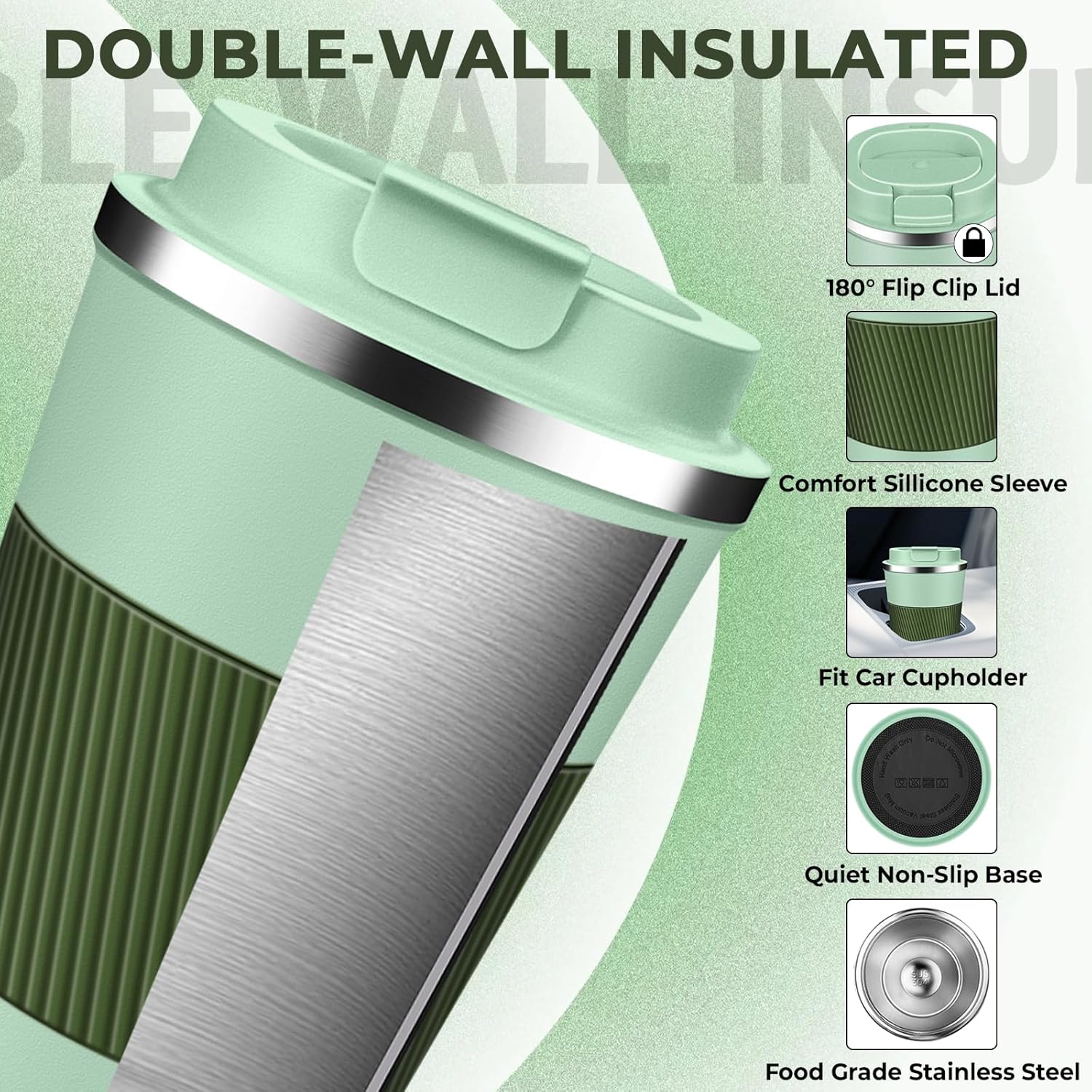 Insulated Coffee Tumbler 12 oz, Stainless Steel Coffee Mug with Lids, Travel Coffee Mug Leak Proof, Double Wall Vacuum Insulated Reusable Coffee Cup, Keep Drinks Hot and Cold (Light Green, 12 Ounces) - Image 4