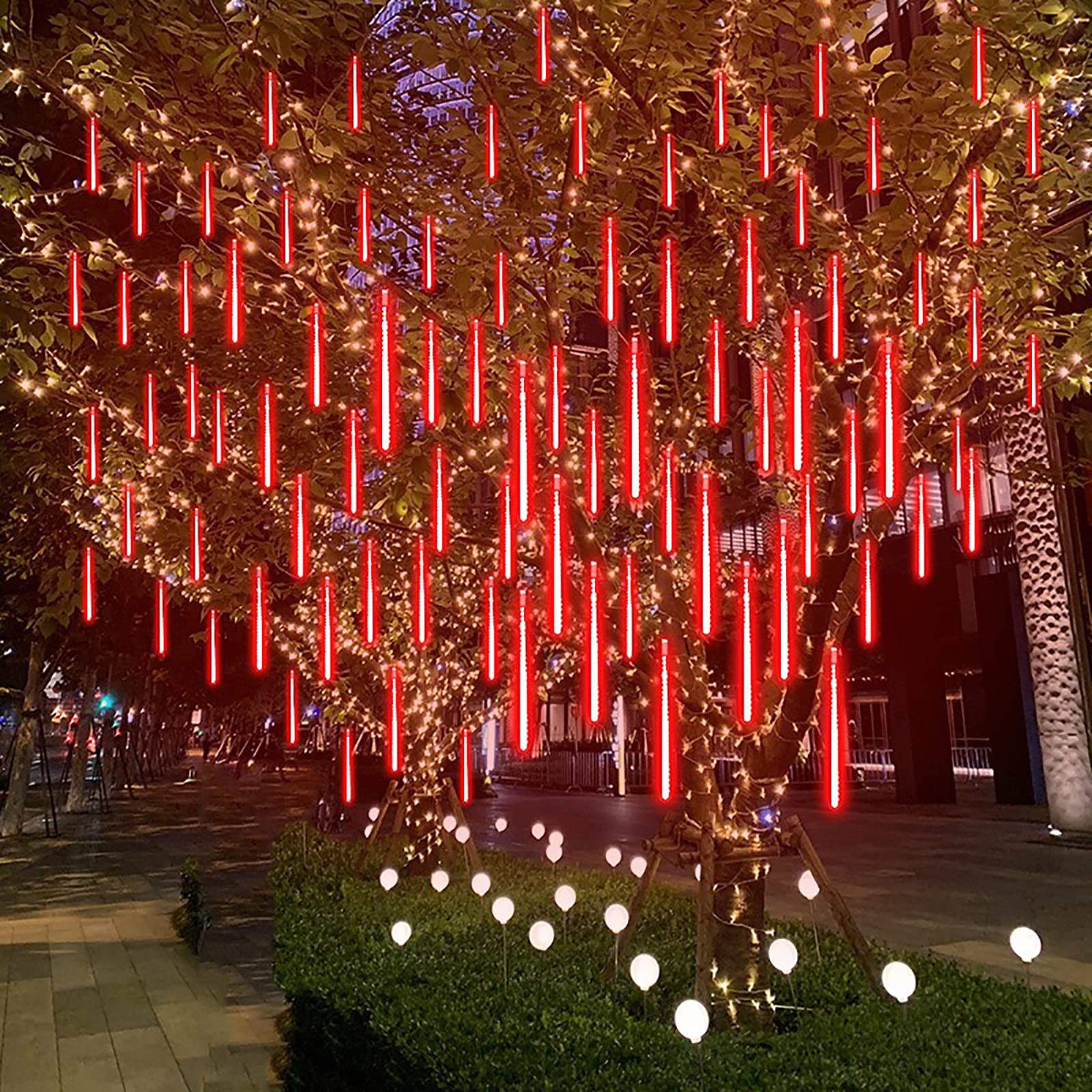 Meteor Shower Lights,Outdoor Christmas Decoration Icicle Lights Waterproof Cascading Lights,Hanging Tree Falling Rain Lights for Weddings Patio Yard Thanksgiving New Year-Red 12 inch 10 tubes 240led