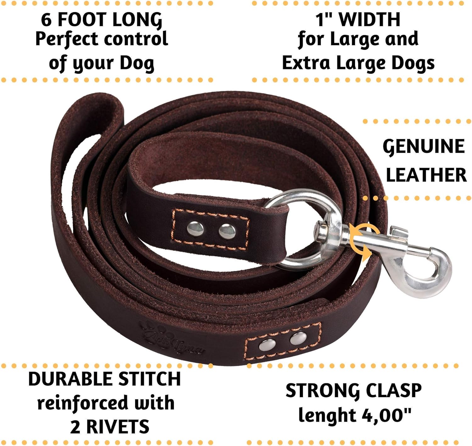 Brown Leather Dog Collar and Leash Set - Leather Dog Leash 6 Foot x 1" and Dog Collar for Extra-Large Dogs