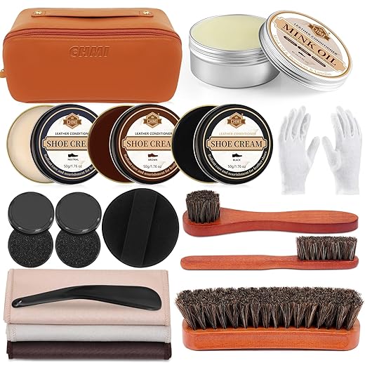 CHMI 16PCS Leather Shoe Polish Kit,Shoe Shine Kit with Black/Brown Shoe Polish,Shoe Bruhses for Leather Boot Care and Cleaning,Shoe Shine Gifts for Men