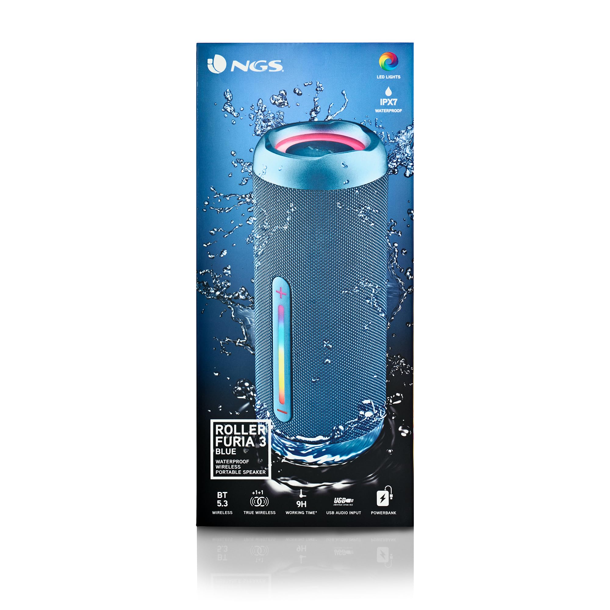 NGS Roller Furia 3 Blue - Altoparlante Wireless Compatibile con Bluetooth, Impermeabilità IPX7, 60 W, True Wireless, USB, Durata Batteria 9 Ore, Blu