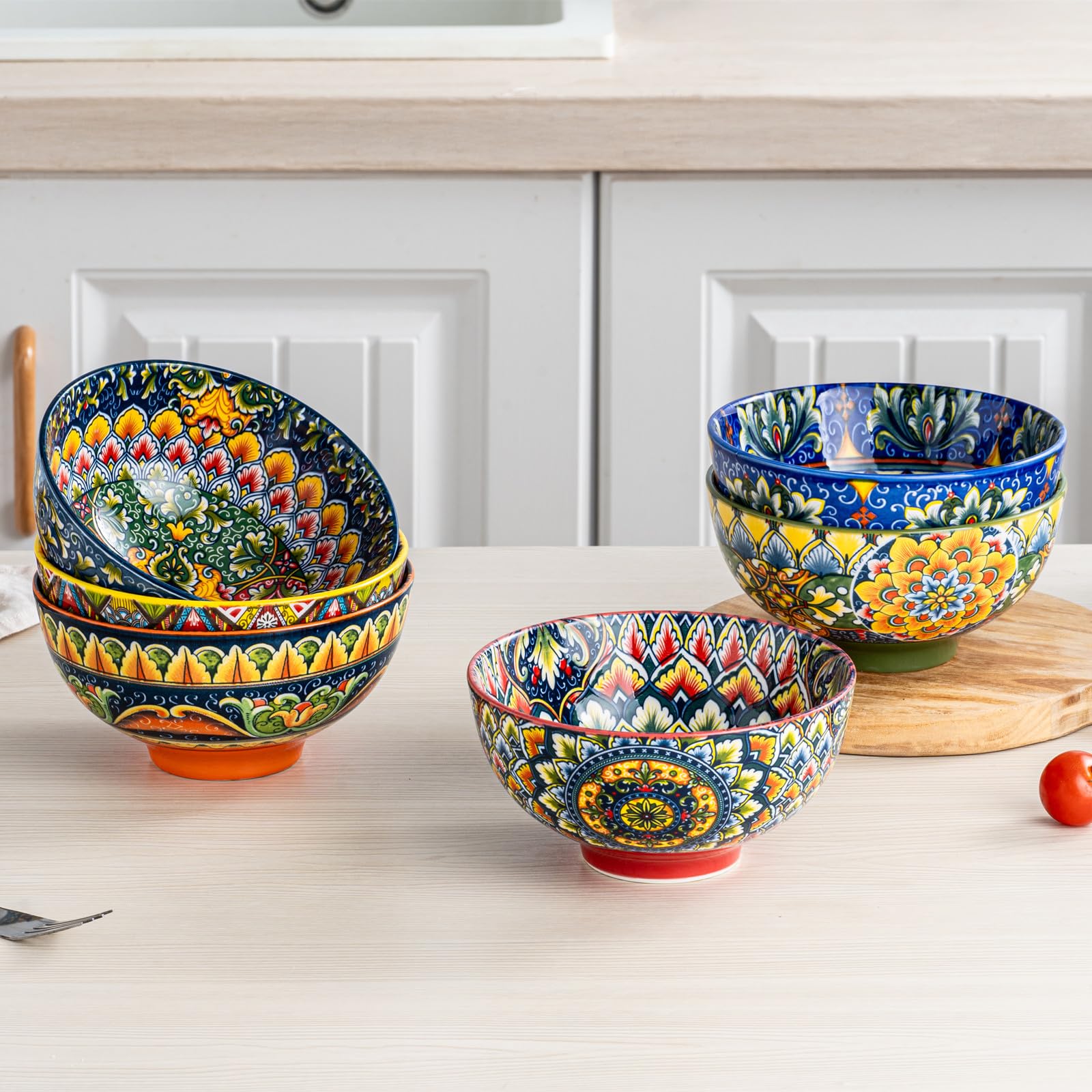 Henten Home Miski do płatków śniadaniowych, ceramiczny zestaw misek do zupy 6 sztuk - 680 ml, miski do serwowania płatków śniadaniowych/zupy/płatków kukurydzianych/śniadania, dwustronny wzór, kolorowe