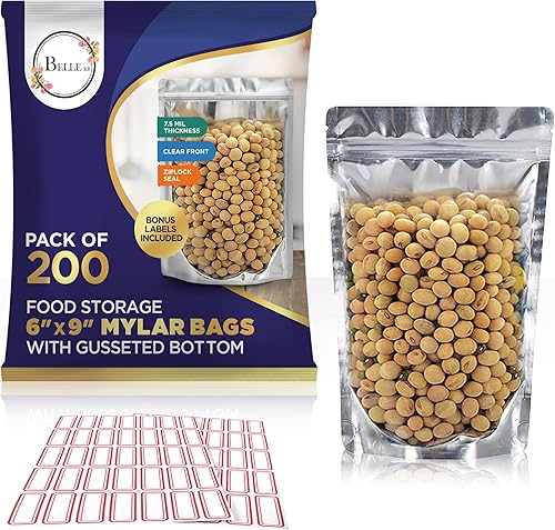 BELLE KR Bolsas de Mylar de 6 x 9 pulgadas para almacenamiento de alimentos con 7.5 mil de grosor, paquete de 200 bolsas de Mylar transparentes con