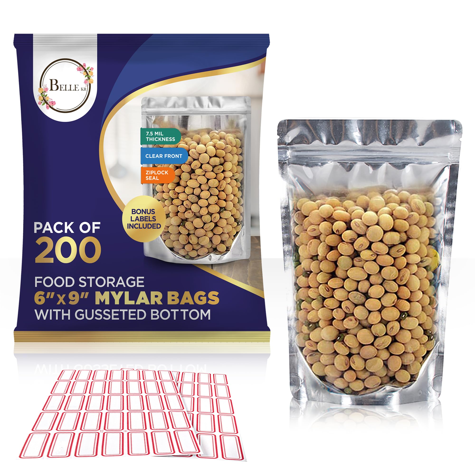 BELLE KR® 6x9 Quart Mylar Bags for Food Storage - 7.5mil Thick - Pack Of 200 - Stand Up Clear Front Mylar Bags with See Through Window - Resealable