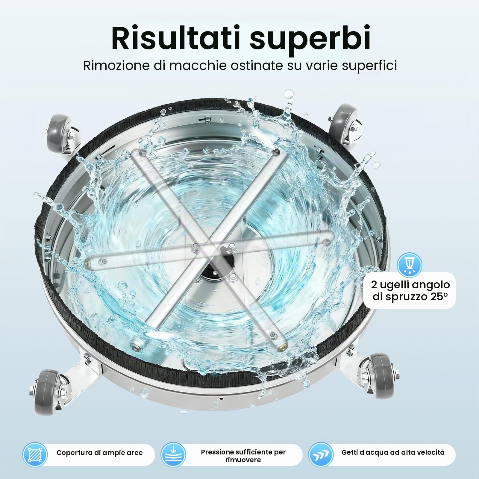 Rondella ad alta pressione da 20 pollici, pulitore per pavimenti con maniglia, connettore rapido da 3/8", portata massima acqua 25 l/min, diametro 52 cm, pulitore in acciaio inox a 4 ruote