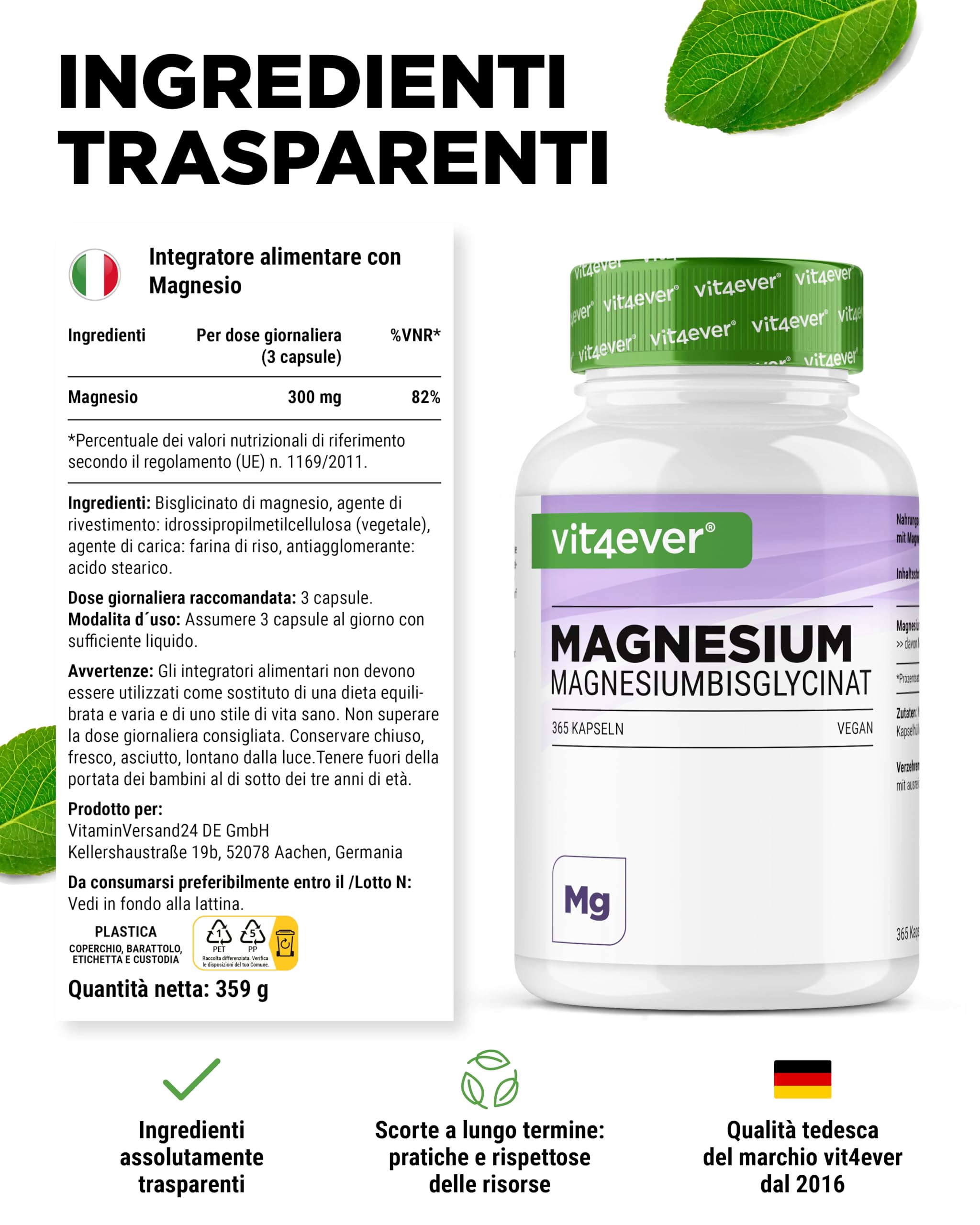 Magnesiobisglicinato - 365 Capsule - 300 mg di Magnesio Elementare per Dose giornaliera - Premium: Magnesio Chelato - Vegano - Ad Alto Dosaggio