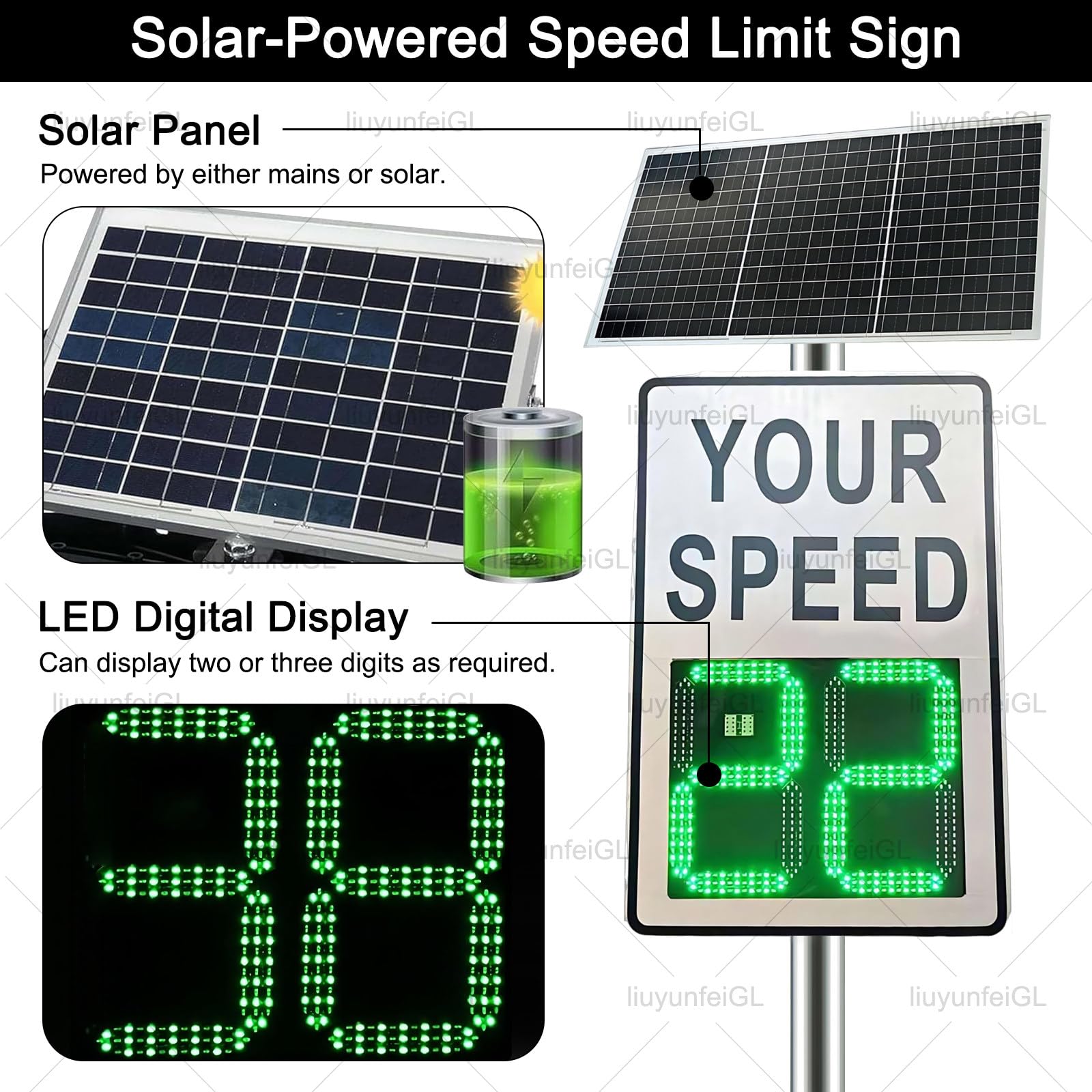 Señales de Radar de Velocidad solares 24"x36", señal de límite de Velocidad, 2 detectores de Pantalla Digital de Velocidad, Alerta roja de Exceso de Velocidad, Material de Aluminio White
