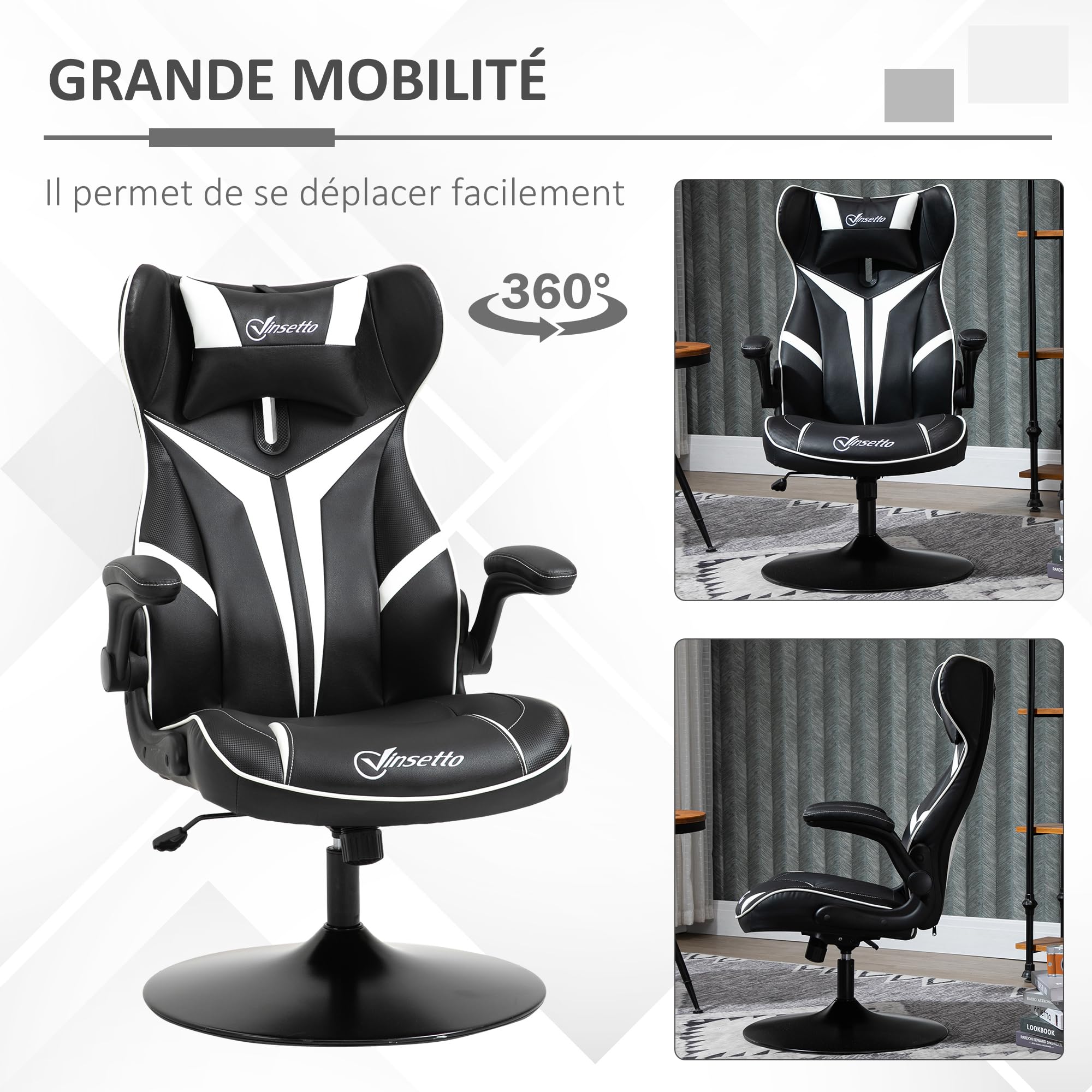 Vinsetto Fauteuil Gamer Chaise de Jeu Gaming pivotante 360° Ergonomique Hauteur réglable accoudoirs revelables Coussin têtière Inclus revêtement Similicuir 67 x 70 x 106-112 cm Blanc et Noir