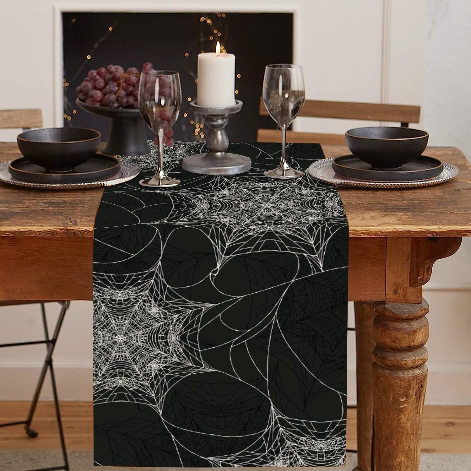 PROCIDA Halloween Spider Web Table Runner Fall Grey Burlap Table Runners Autumn Rustic Kitchen Dinning Decor for Holiday Home Party Indoor Outdoor 13x36 Inch
